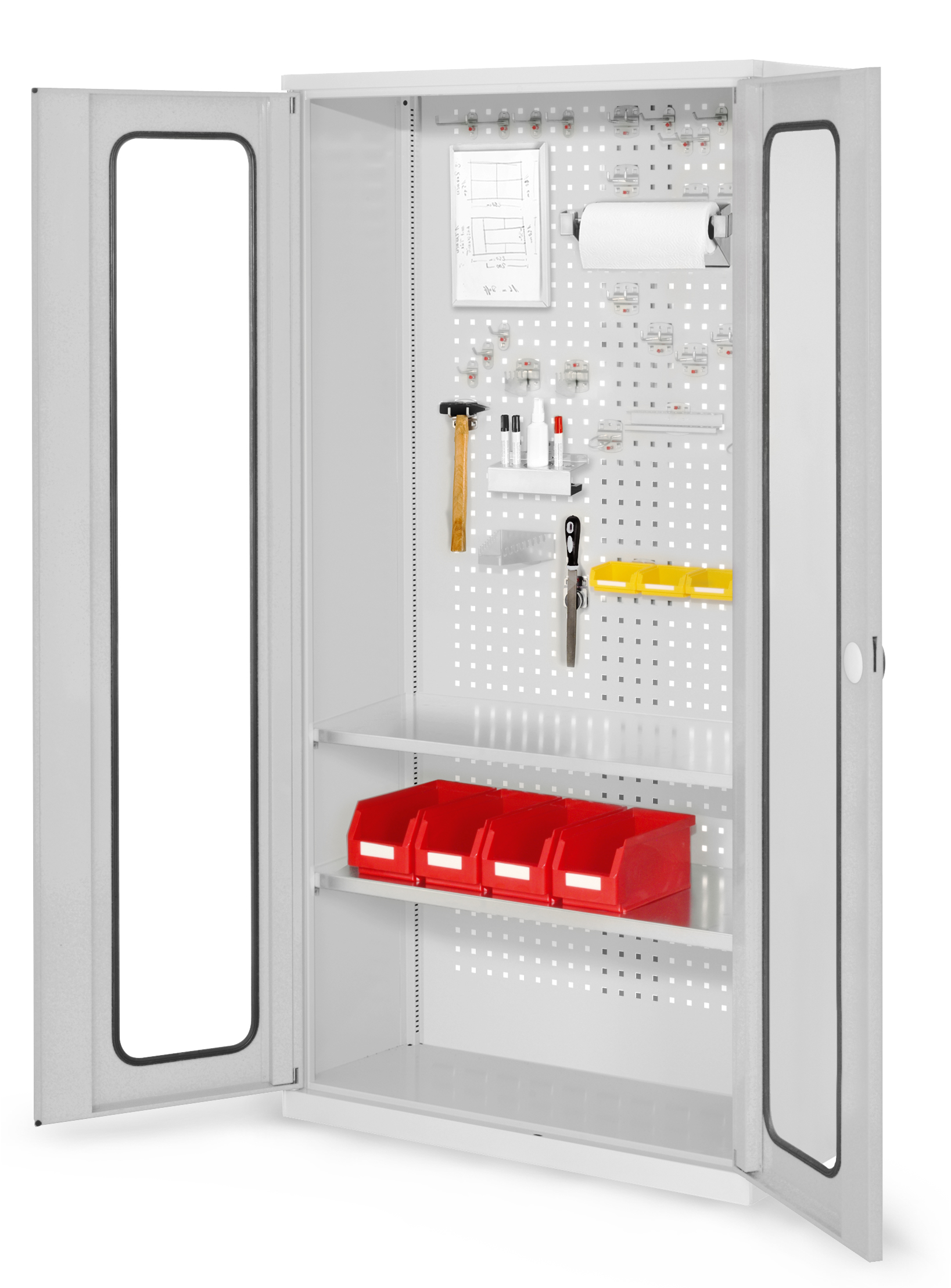 ®RasterPlan Werkzeugschrank Mod 5 410 H1950 x B1000 x T410 mm RAL 7035. Sichtfenstertür. 2 Fachböden.