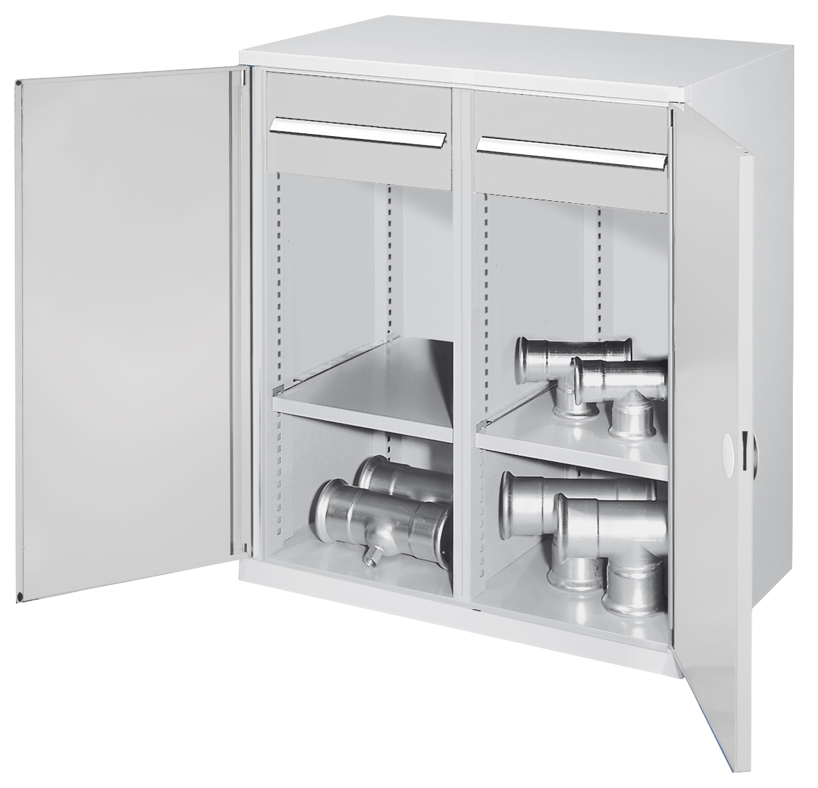 Schwerlast-Beistellschrank Modell 76 1110 x 1000 x 600 mm RAL 7035. Mitteltrennwand Doppelwandtüren 1 Fachboden links 1 Fachboden rechts 2 Schubladen H 175 mm.