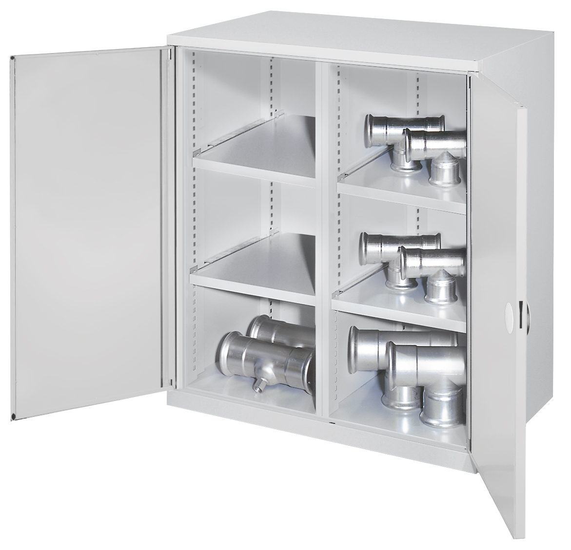 Schwerlast-Beistellschrank Modell 75 1110 x 1000 x 600 mm RAL 7035. Mit Mitteltrennwand Doppelwandtüren 2 Fachböden links 2 Fachböden rechts