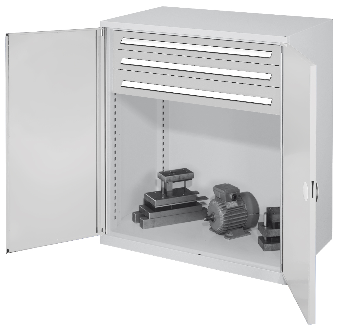 Schwerlast-Beistellschrank Modell 65 1110 x 1000 x 600 mm RAL 7035. Doppelwandtüren 3 Schubladen H 100 mm.