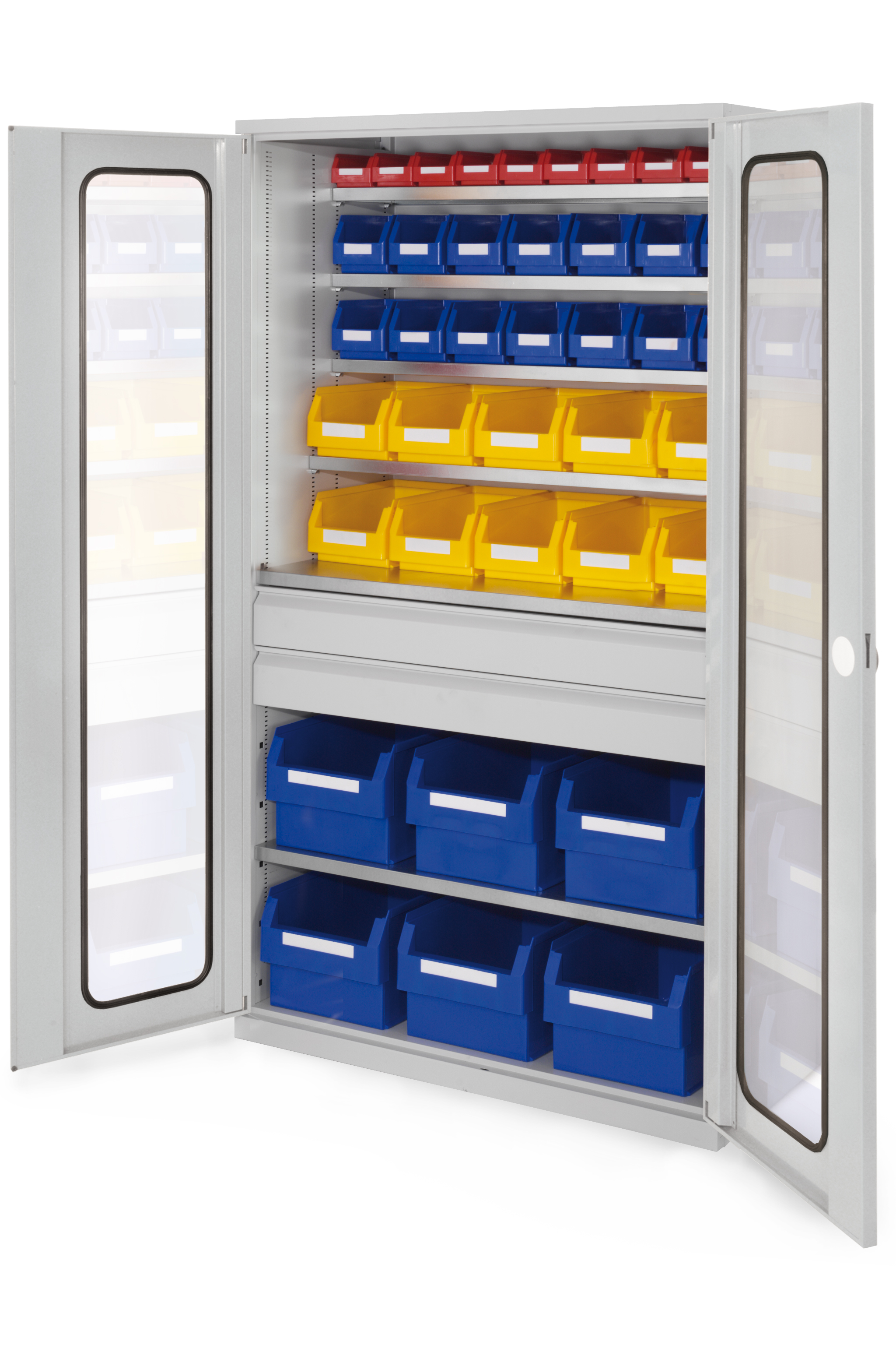 Großraumschrank Modell 32 RAL 7035 1950 x 1130 x 590 mm. Sichtfenstertüren 2 Schubladen mittig inklusiv Lagersichtkasten 6 x Größe 1 10 x Größe 4 14 x Größe 6 10 x Größe 7.