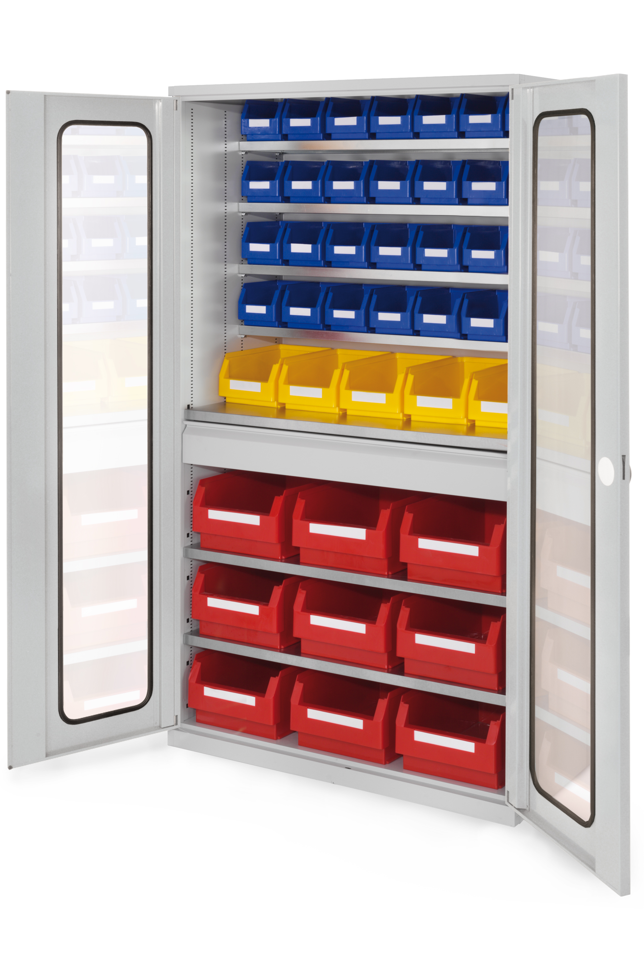 Großraumschrank Modell 30 RAL 7035 1950 x 1130 x 590 mm. Sichtfenstertüren 1 Schubladen mittig inklusiv Lagersichtkasten 9 x Größe 2 5 x Größe 4 28 x Größe 6.