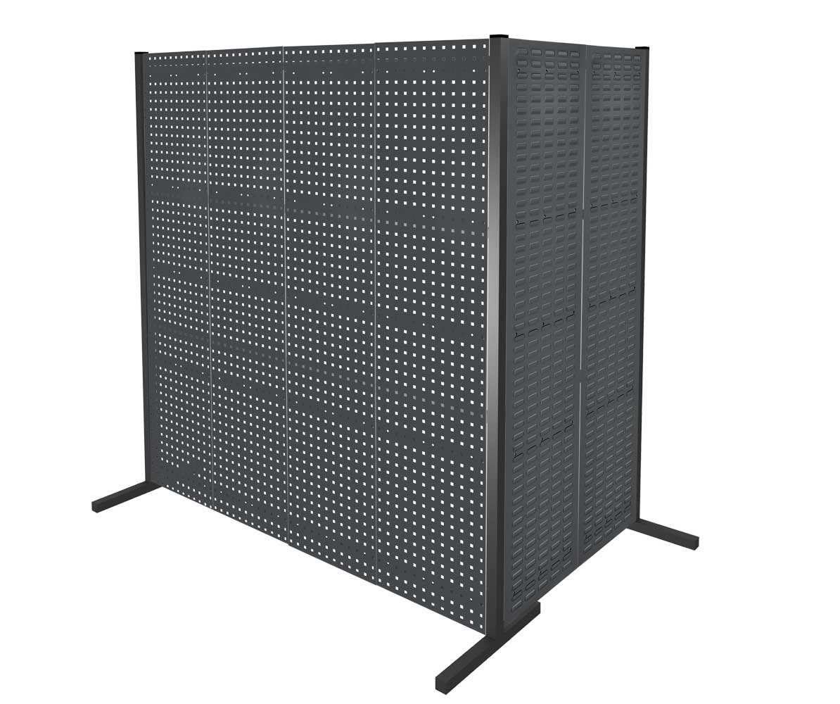 ®RasterPlan Trennwand Doppelfeld 90° 1000 / 2000 mm H2000 mm RAL 7016. Mit 3 ®RasterPlan Lochplatten 3 ®RasterPlan Schlitzplatten.