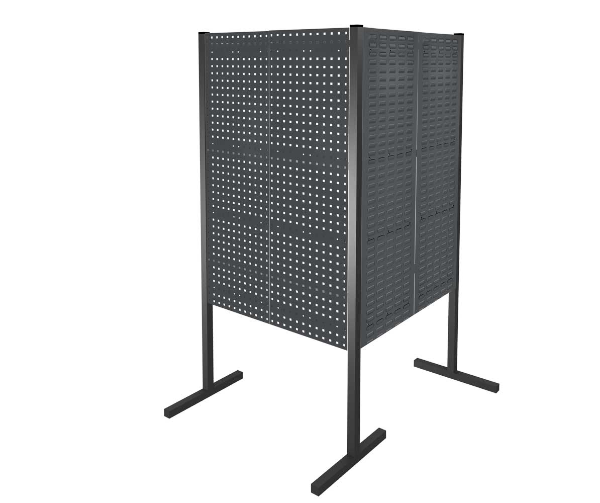 ®RasterPlan Trennwand Doppelfeld 90° 1000 / 1000 mm H1500 mm RAL 7016. Mit 2 ®RasterPlan Lochplatten 2 ®RasterPlan Schlitzplatten.