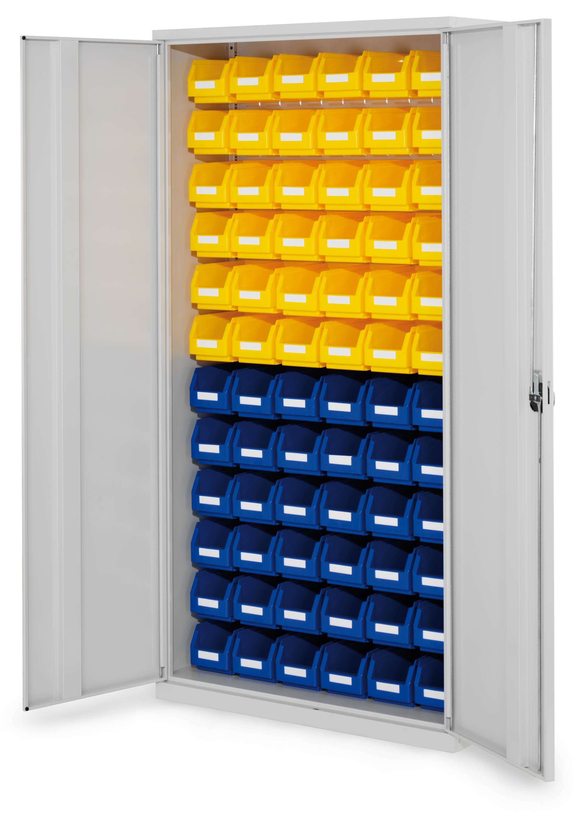 ®RasterPlan Schlitzplattenschrank H1950 x B 1000 x T 410 mm RAL 7035 Modell 53 Vollblechtüren bestückt mit Lagersichtkasten 72 x Größe 5.