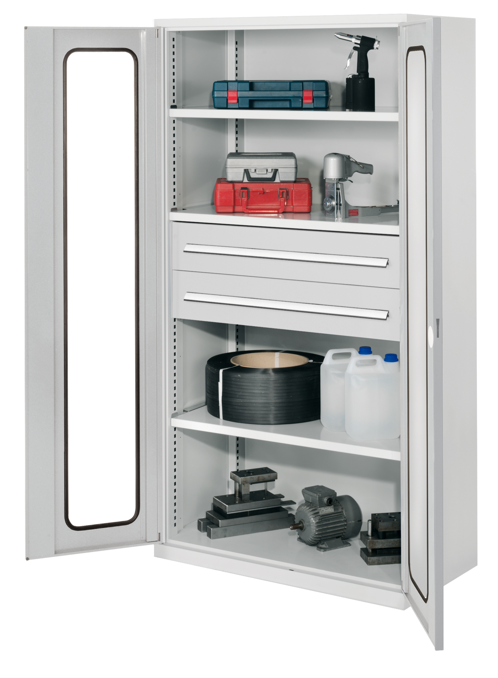 Schwerlastschrank ohne Mitteltrennwand 1950 x 1000 x 600 mm Mod 42 RAL 7035. Sichtfenstertür. 3 Fachböden verzinkt 2 Schubladen H175 mm.