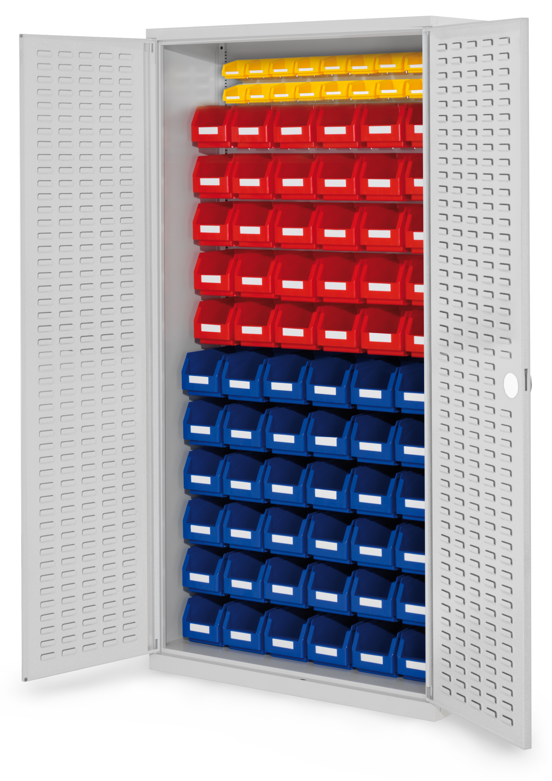 ®RasterPlan Schlitzplattenschrank H1950 x B 1000 x T 410 mm RAL 7035 Modell 58 Schlitzplattentüren bestückt mit Lagersichtkasten 36 x Größe 5 30 x Größe 6 16 x Größe 8.