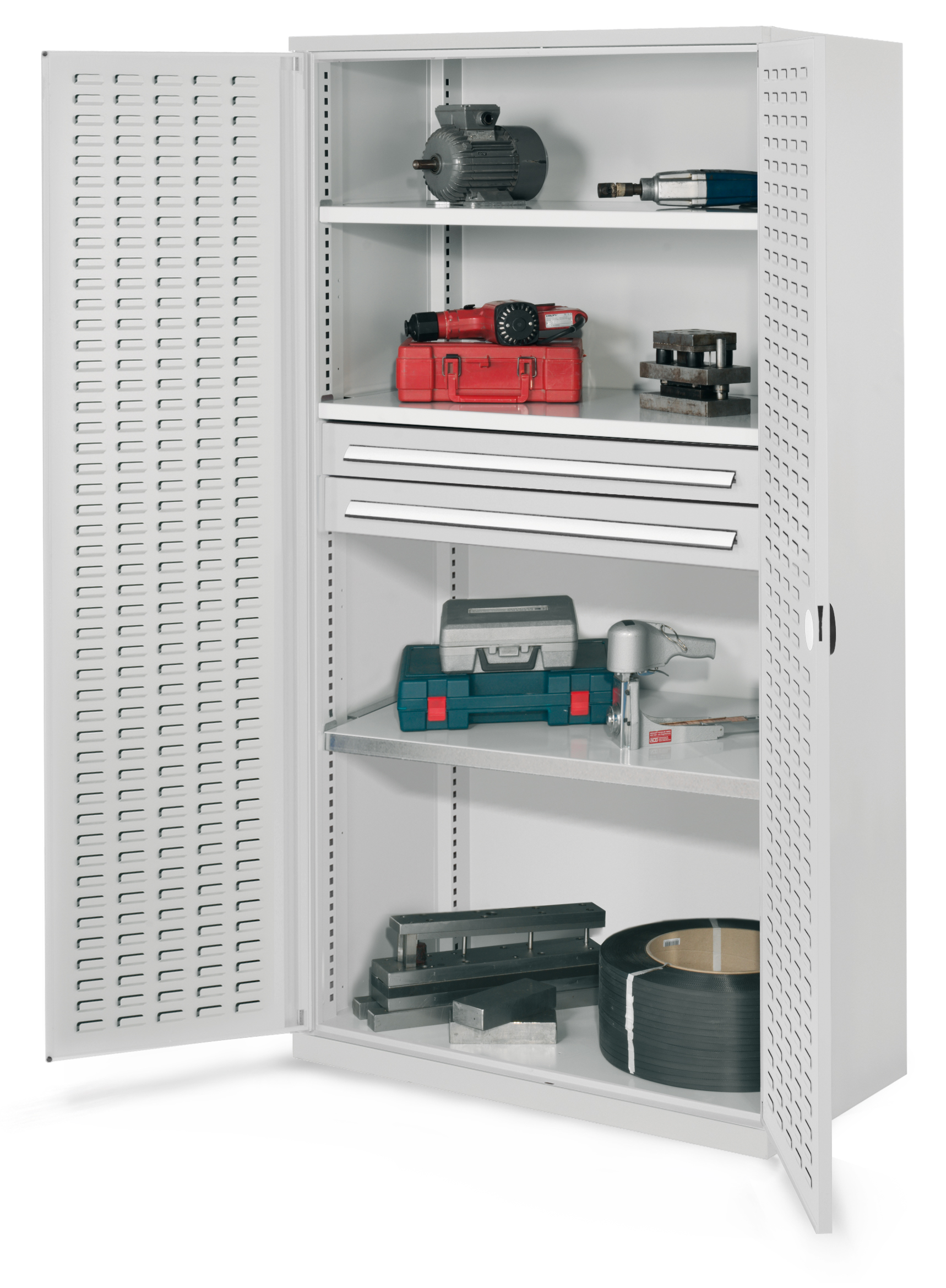 Schwerlastschrank ohne Mitteltrennwand 1950 x 1000 x 600 mm Mod 45 RAL 7035. Türinnenseite: ®RasterPlan Schlitzplatte 3 Fachböden verzinkt 2 Schubladen H 100 mm.