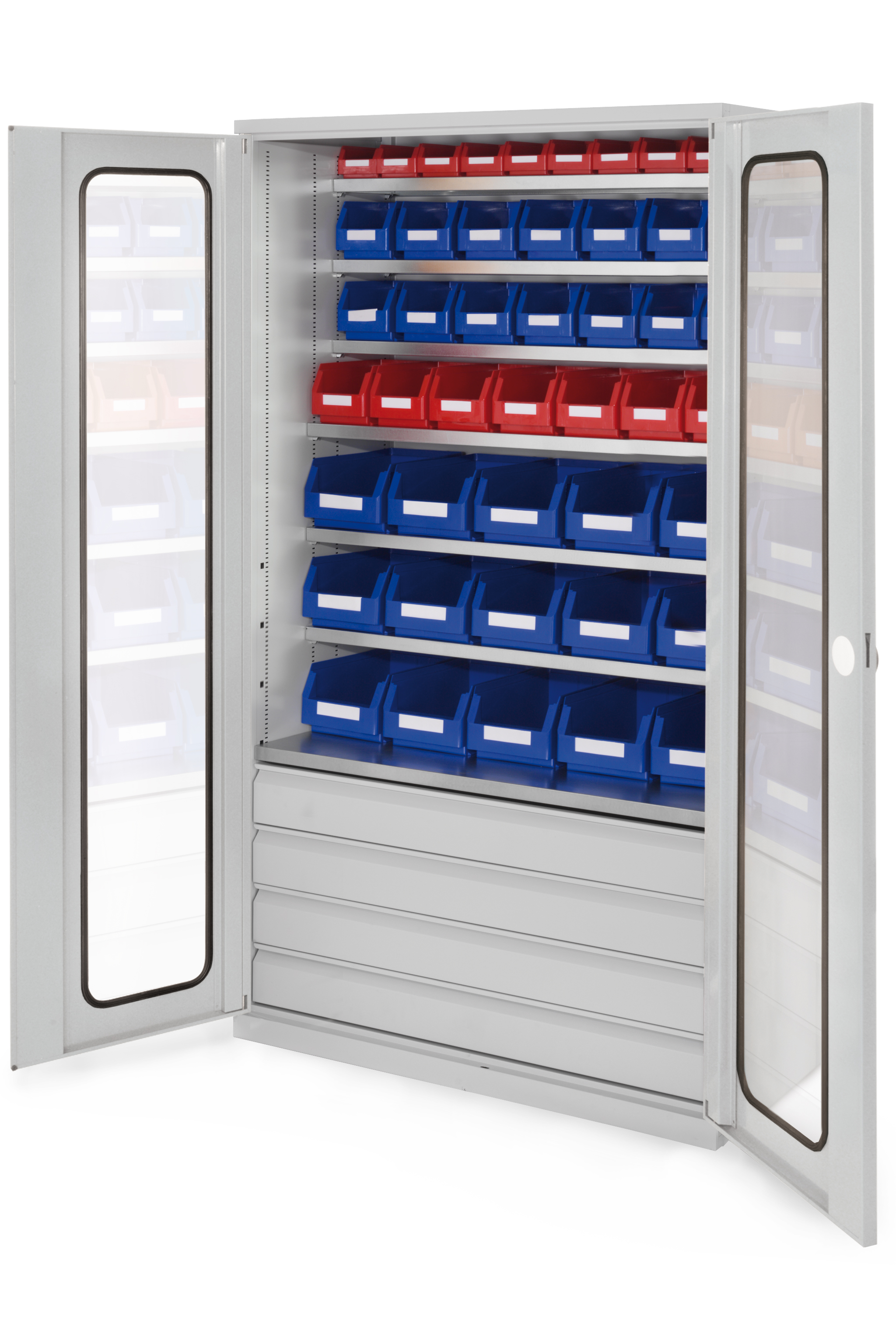 Großraumschrank Modell 25 RAL 7035 1950 x 1130 x 590 mm. Sichtfenstertüren 4 Schubladen unten inklusiv Lagersichtkasten 15 x Größe 4 7 x Größe 5 14 x Größe 6 10 x Größe 7.