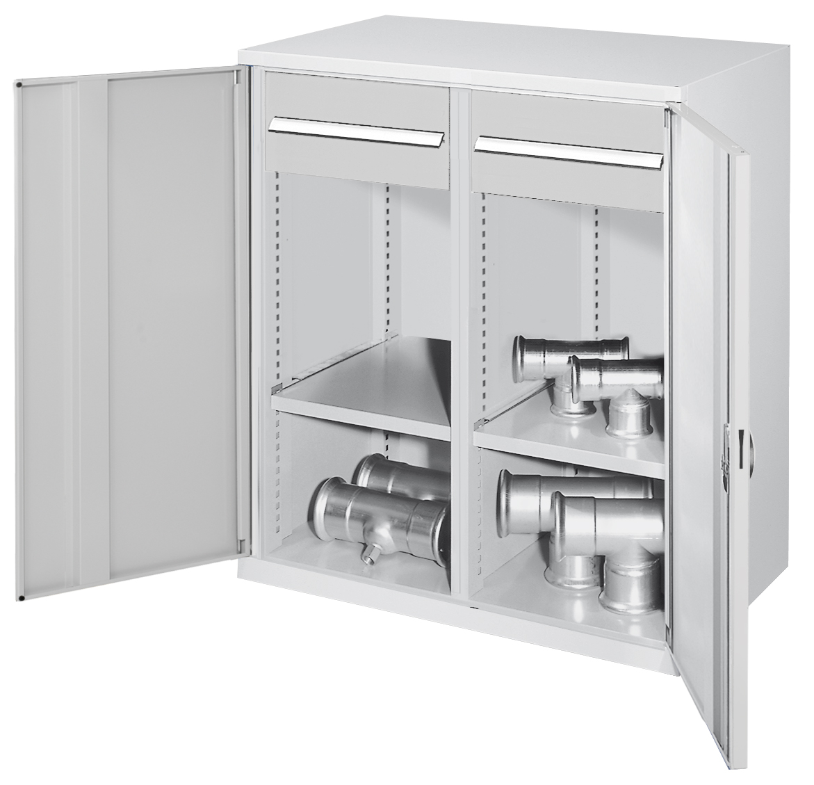 Schwerlast-Beistellschrank Modell 76 1110 x 1000 x 600 mm RAL 7035. Mit Mitteltrennwand Vollblechtüren 1 Fachboden links 1 Fachboden rechts 2 Schubladen H 175 mm.