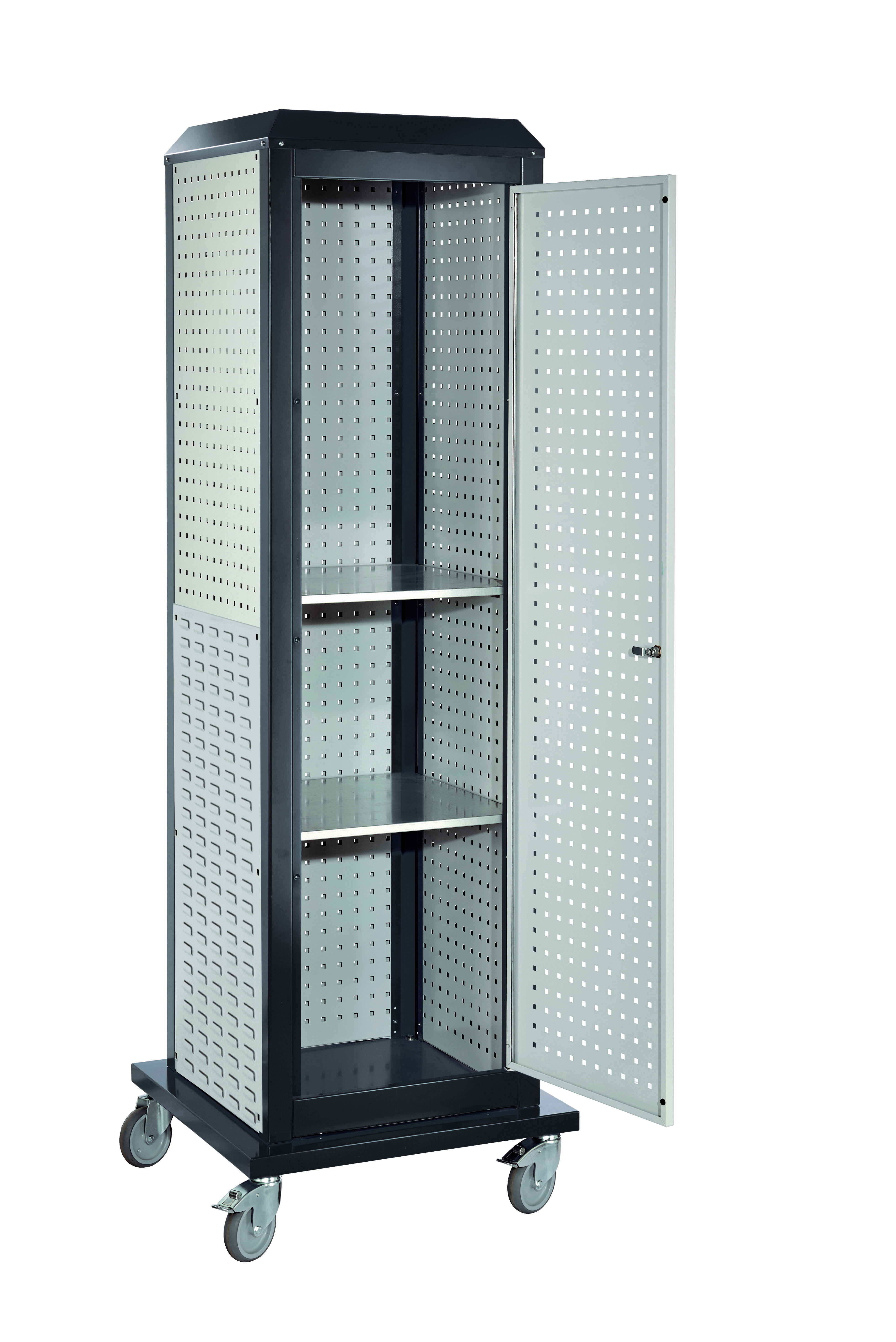 ®RasterPlan ToolTower groß Mod 36 mobil RAL 7035/7016. 2 LP außen groß 1 LP außen klein 1 SP außen klein 1 LP Tür 2 Fachböden.