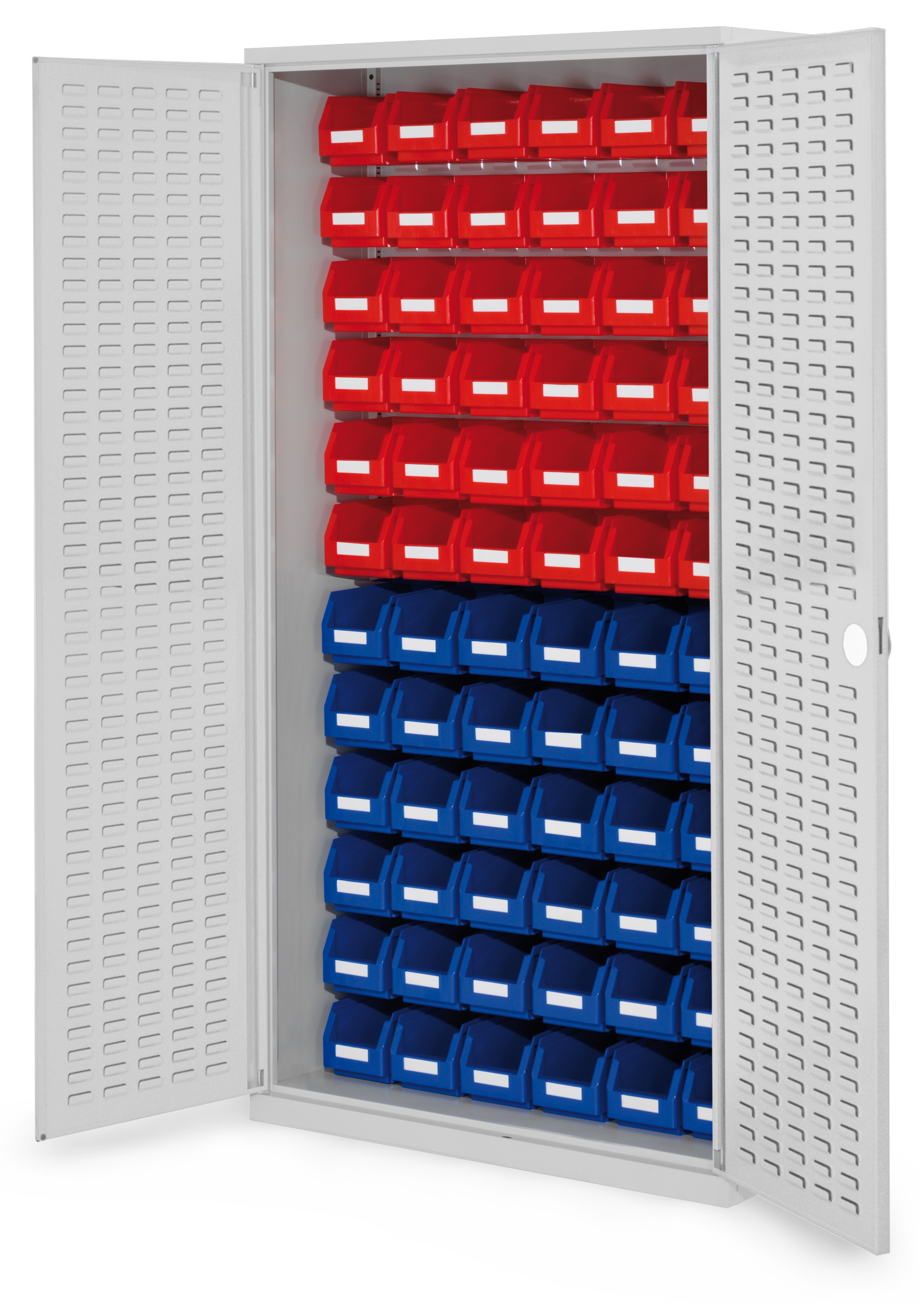 ®RasterPlan Schlitzplattenschrank H1950 x B 1000 x T 410 mm RAL 7035 Modell 54 Schlitzplattentüren bestückt mit Lagersichtkasten 72 x Größe 6.