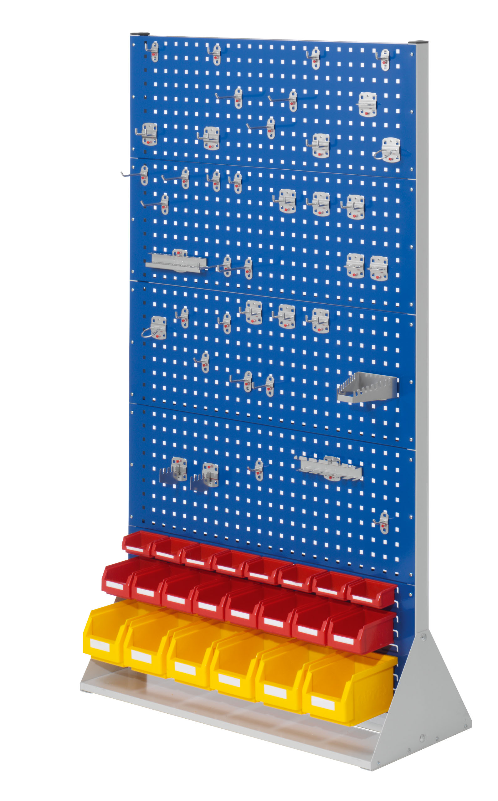 ®RasterPlan Stellwand Gr.5 doppelseitig H1790 x B1000 x T430 mm RAL 7035/5010. 1 x Werkzeughaltersortiment 40-teilig 1 x Formularhalter A4 1 x Stahlboden 950 mm 2 x Dornträger 1 x Rohrträger 1 x Universalhalter 9 x Lagersichtkästen Größe 7.
