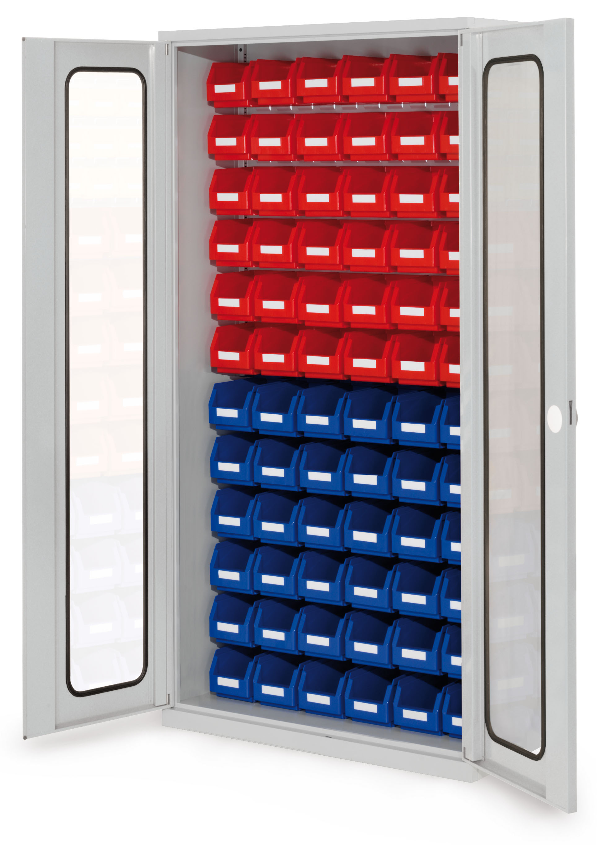 ®RasterPlan Schlitzplattenschrank H1950 x B 1000 x T 410 mm RAL 7035 Modell54 Sichtfenstertüren bestückt mit Lagersichtkasten 72 x Größe 6.