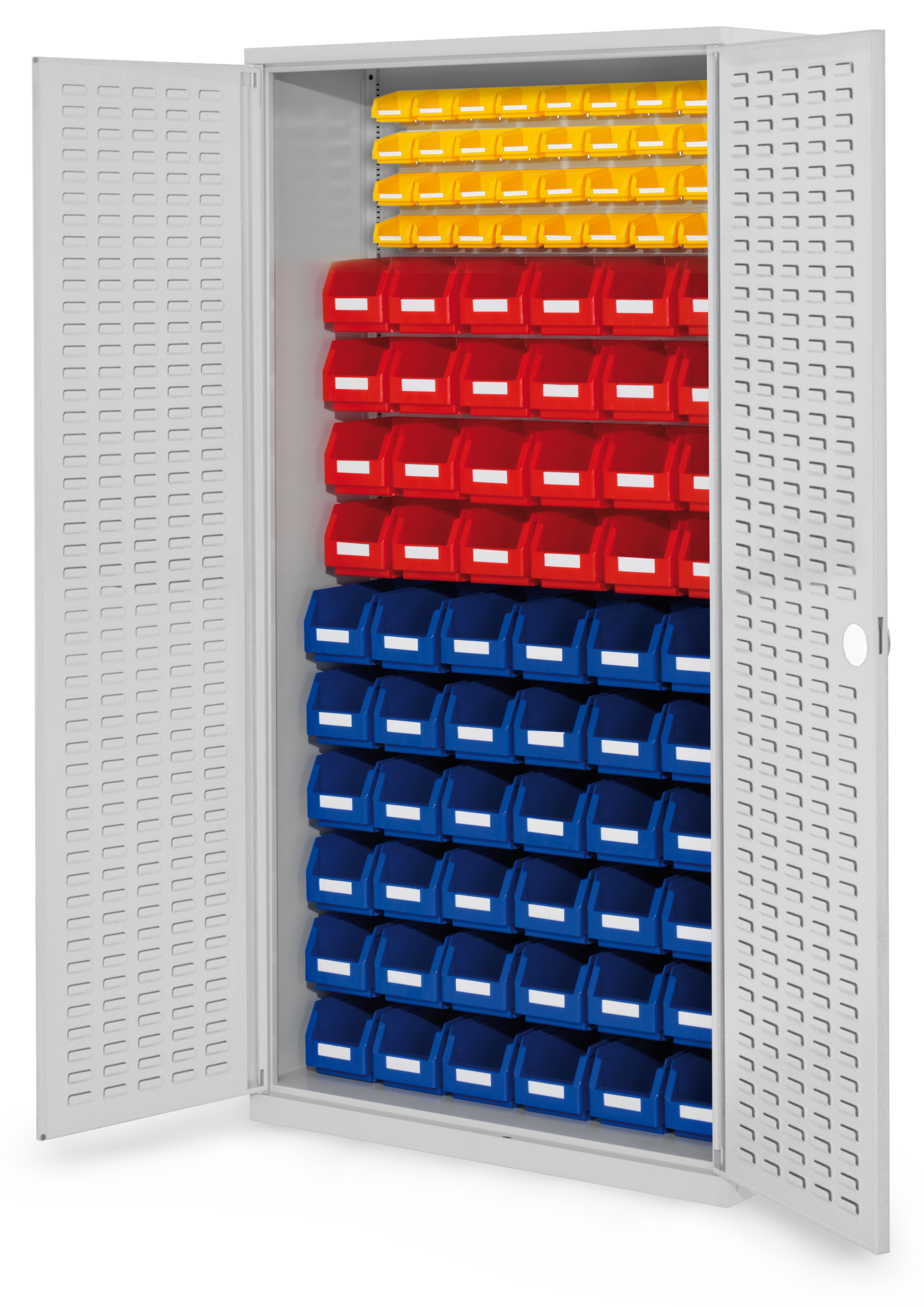 ®RasterPlan Schlitzplattenschrank H1950 x B 1000 x T 410 mm RAL 7035 Modell 57 Schlitzplattentüren bestückt mit Lagersichtkasten 36 x Größe 5 24 x Größe 6 32 x Größe 8.