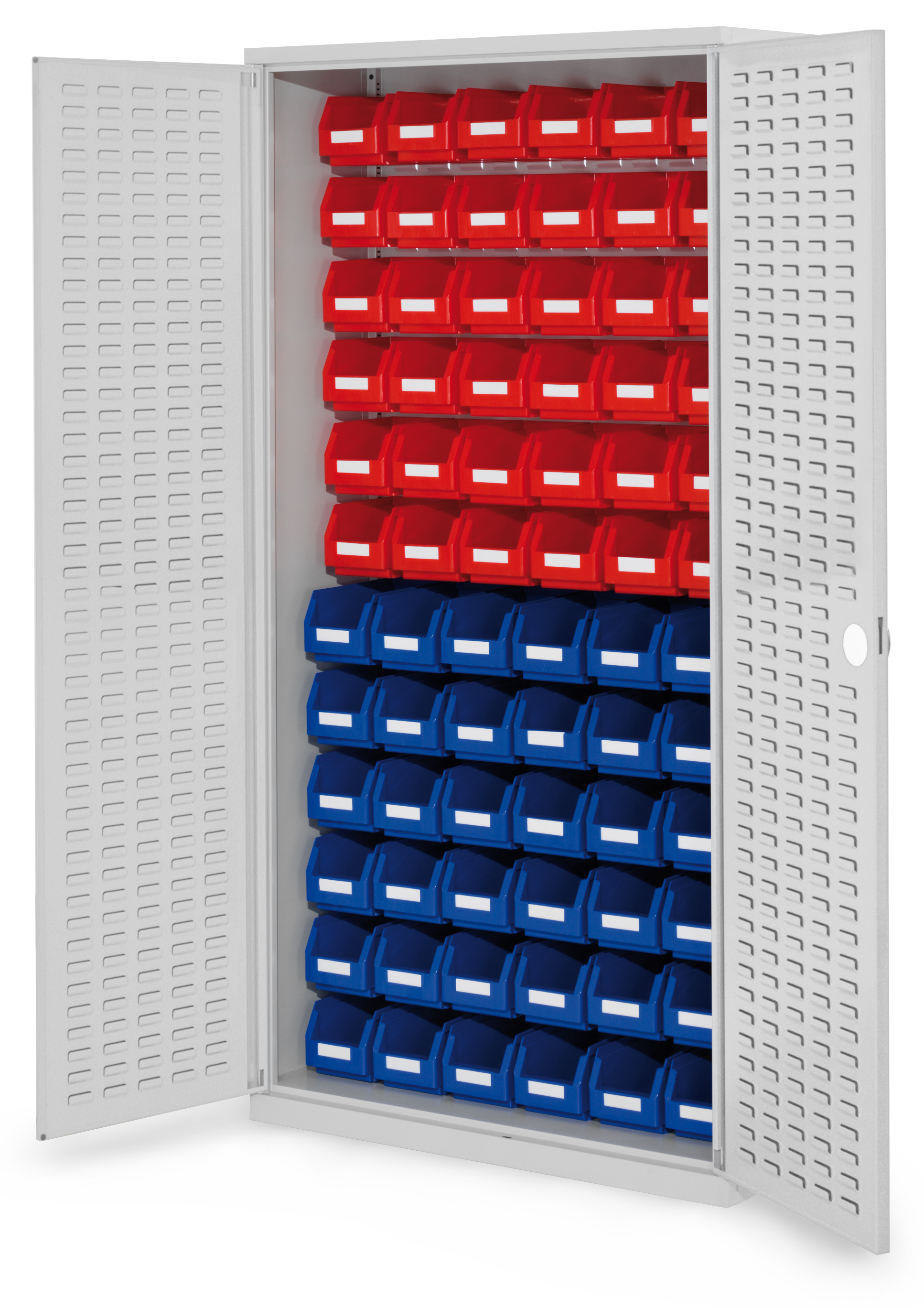 ®RasterPlan Schlitzplattenschrank H1950 x B 1000 x T 410 mm RAL 7035 Modell52 Schlitzplattentüren bestückt mit Lagersichtkasten 36 x Größe 5 36 x Größe 6.