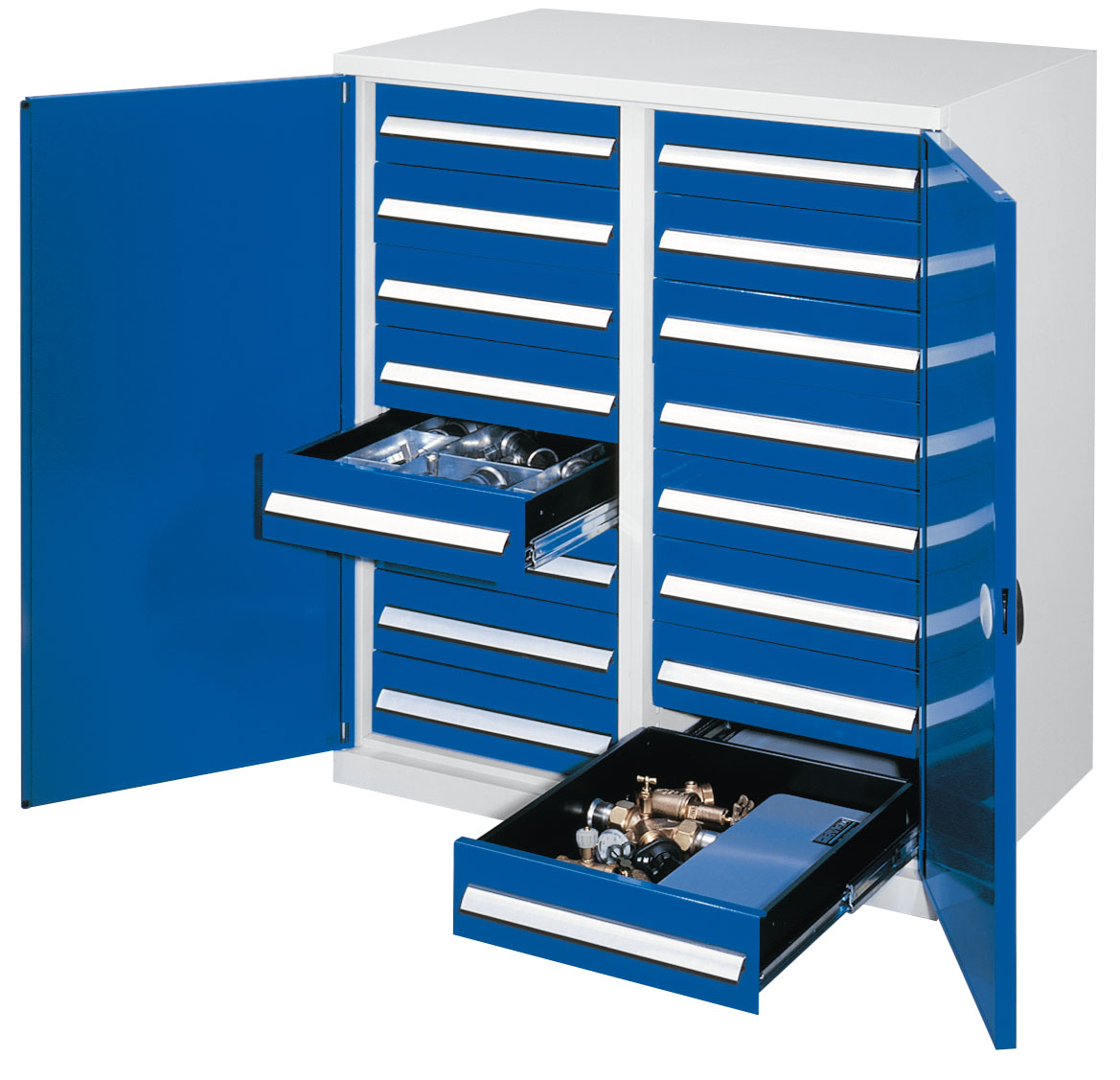 Schwerlast-Beistellschrank Modell 72 1110 x 1000 x 600 mm RAL 7035/5010. Mit Mitteltrennwand Doppelwandtür 16 Schubladen H 125 mm.