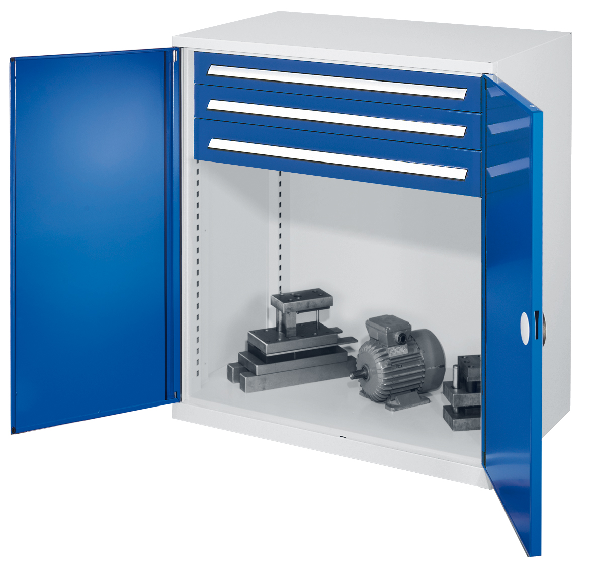 Schwerlast-Beistellschrank Modell 65 1110 x 1000 x 600 mm RAL 7035/5010. Doppelwandtüren 3 Schubladen H 100 mm.