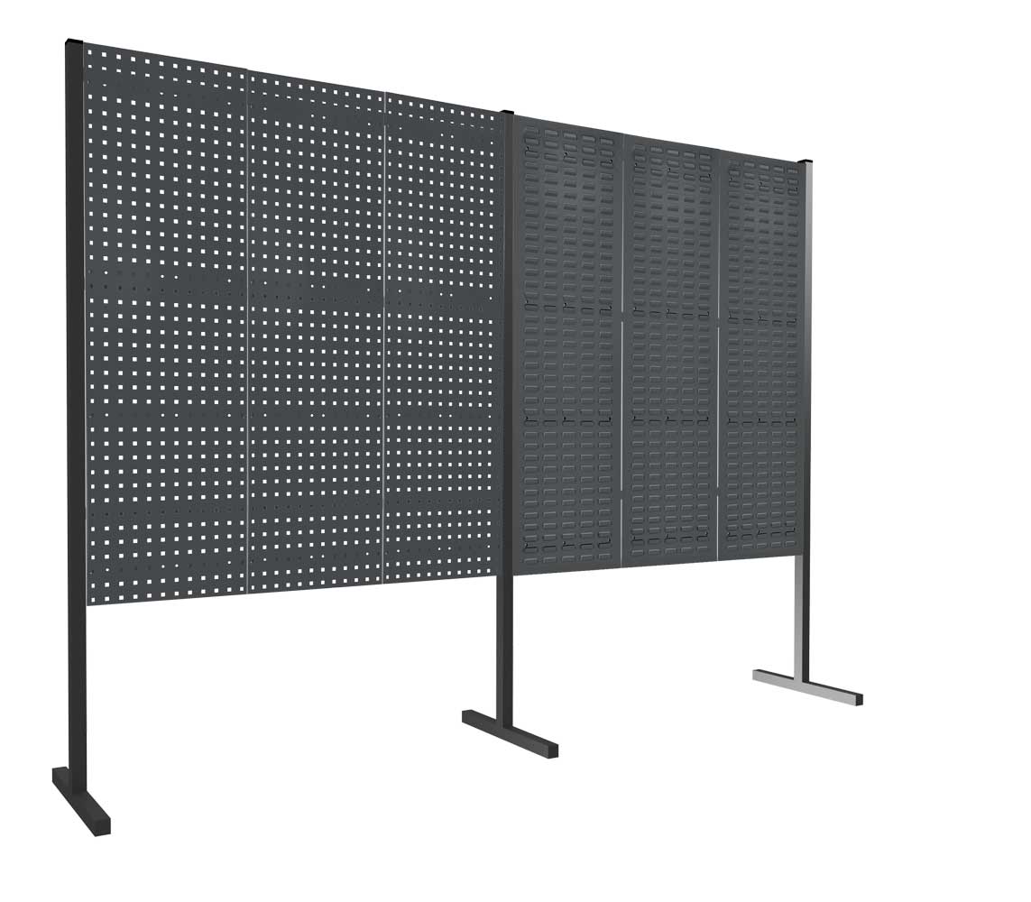 ®RasterPlan Trennwand Doppelfeld 180° 1500 / 1500 mm H1500 mm RAL 7016. Mit 3 ®RasterPlan Lochplatten 3 ®RasterPlan Schlitzplatten.