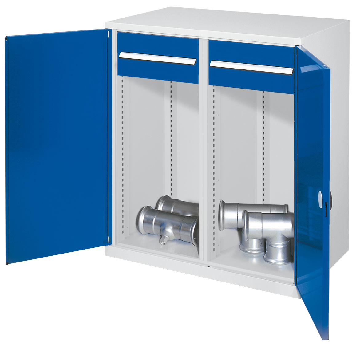 Schwerlast-Beistellschrank Modell 75 1110 x 1000 x 600 mm RAL 7035/5010. Mit Mitteltrennwand Doppelwandtüren 2 Schubladen 175 mm