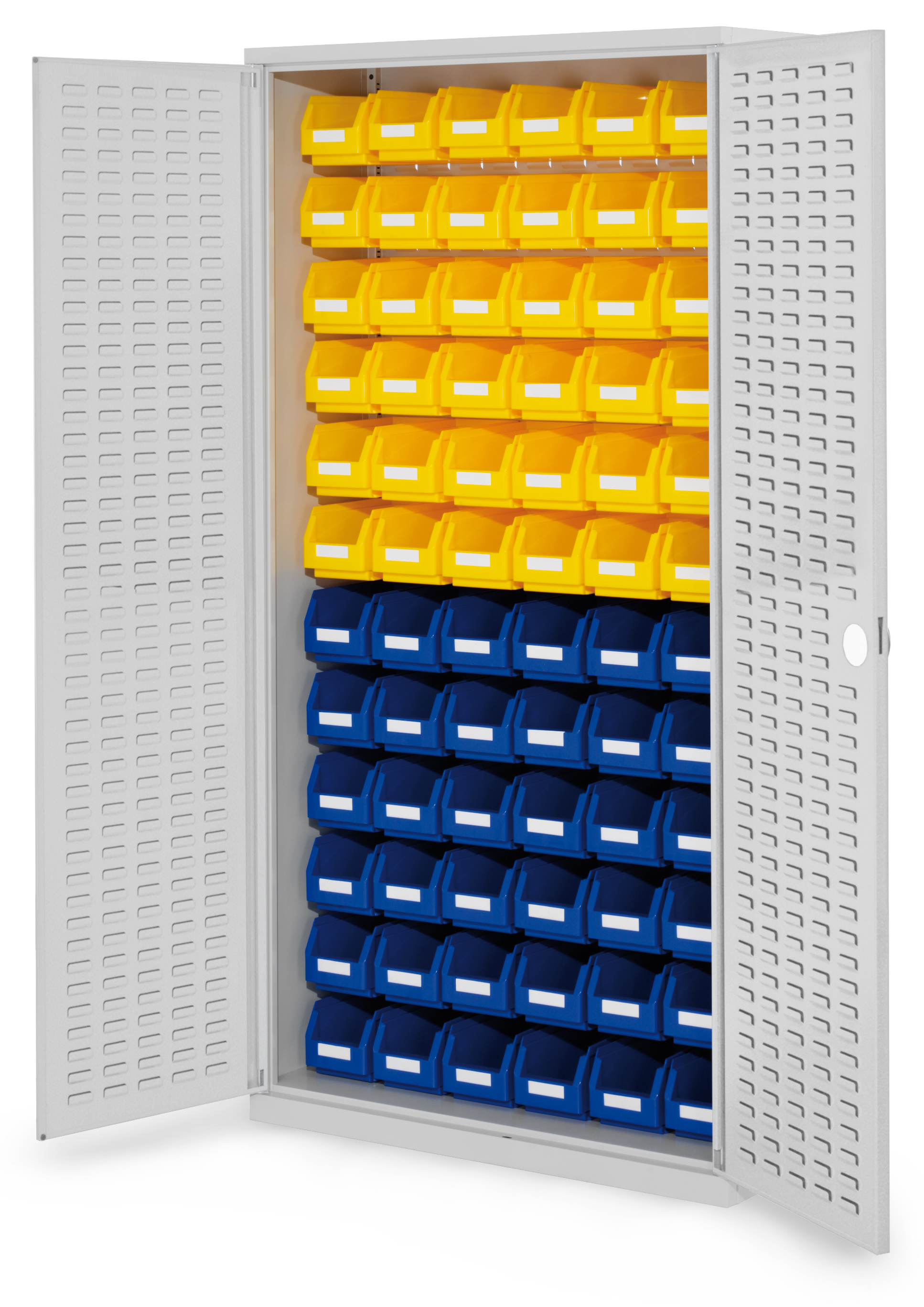 ®RasterPlan Schlitzplattenschrank H1950 x B 1000 x T 410 mm RAL 7035 Modell 53 Schlitzplattentüren bestückt mit Lagersichtkasten 72 x Größe 5.