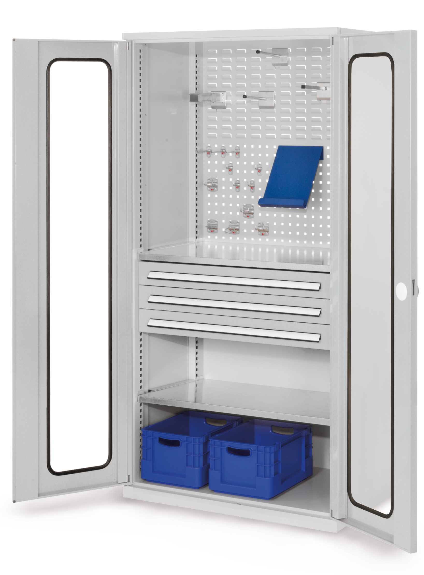 ®RasterPlan Schubladenschrank Modell 32 RAL 7035. Sichtfenstertür. 1950 x 1000 x 600 mm 3 Schubladen H 100 mm 2 Fachböden verzinkt.