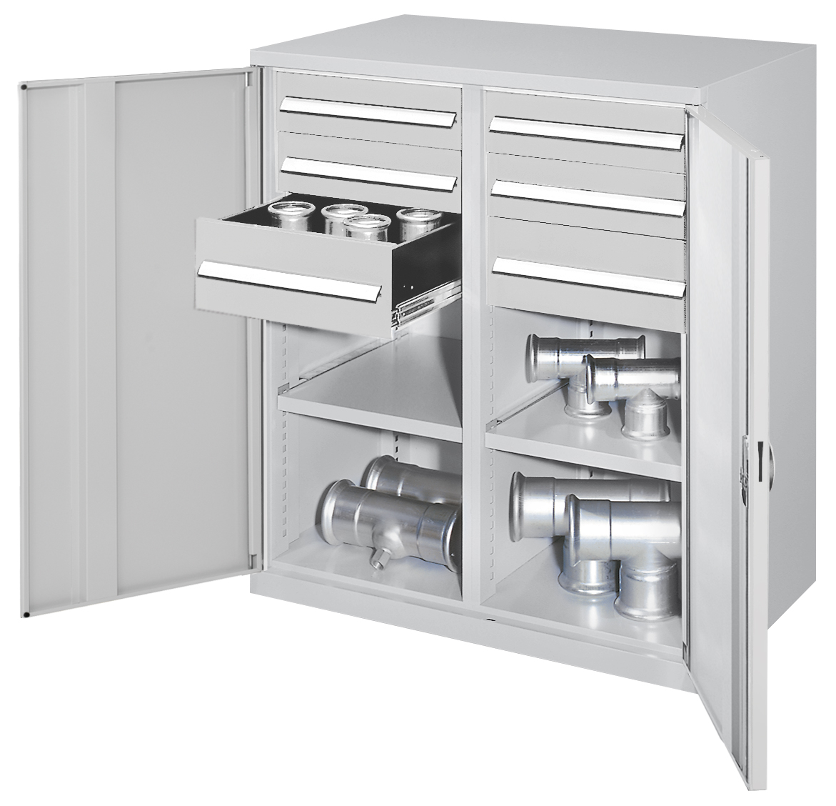 Schwerlast-Beistellschrank Modell 71 1110 x 1000 x 600 mm RAL 7035. Mit Mitteltrennwand Vollblechtüren 1 Fachboden links 1 Fachboden rechts 2 Schubladen H 100 mm 2 Schubladen H 125 mm 2 Schubladen H 175 mm.
