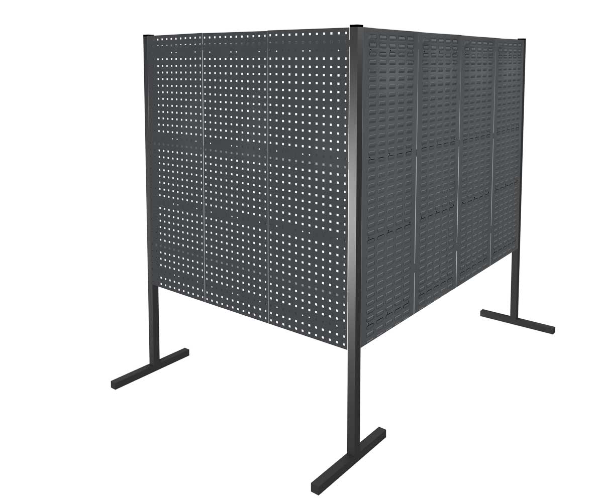 ®RasterPlan Trennwand Doppelfeld 90° 1500 / 2000 mm H1500 mm RAL 7016. Mit 4 ®RasterPlan Lochplatten 3 ®RasterPlan Schlitzplatten.