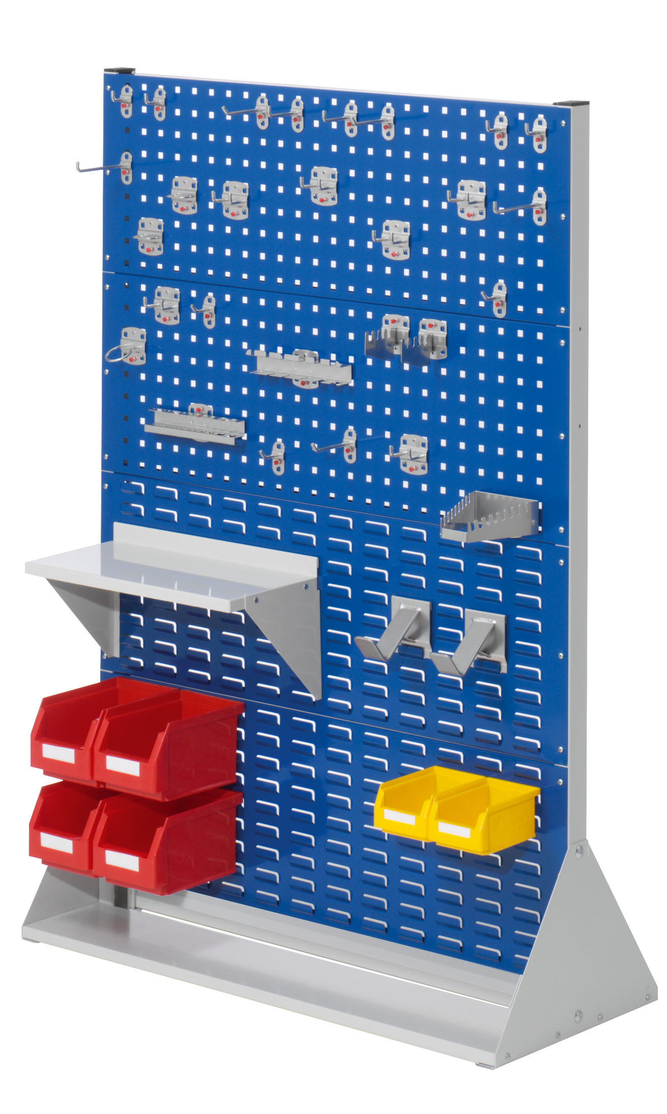 ®RasterPlan Stellwand Gr.4 doppelseitig H1450 x B1000 x T430 mm RAL 7035/5010. 1 x Werkzeughaltersortiment 28-teilig 1 x Stahlboden 450 mm 2 x Dornträger 4 x Lagersichtkästen Größe 6 2 x Lagersichtkästen Größe 7.