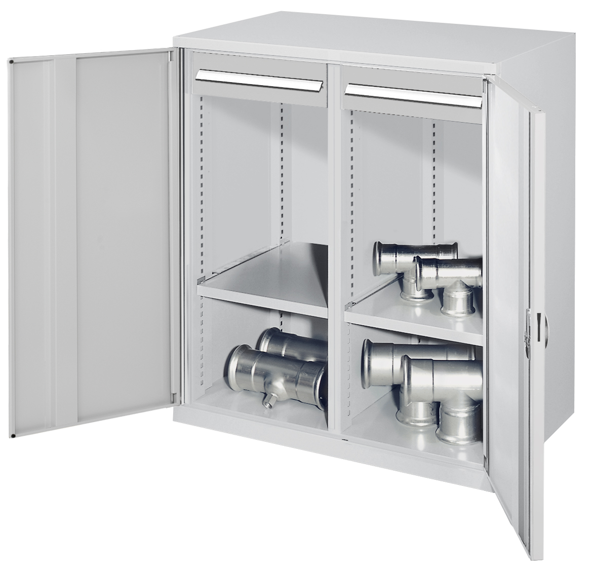 Schwerlast-Beistellschrank Modell 73 1110 x 1000 x 600 mm RAL 7035. Mit Mitteltrennwand Vollblechtüren 1 Fachboden links 1 Fachboden rechts 2 Schubladen 100 mm.