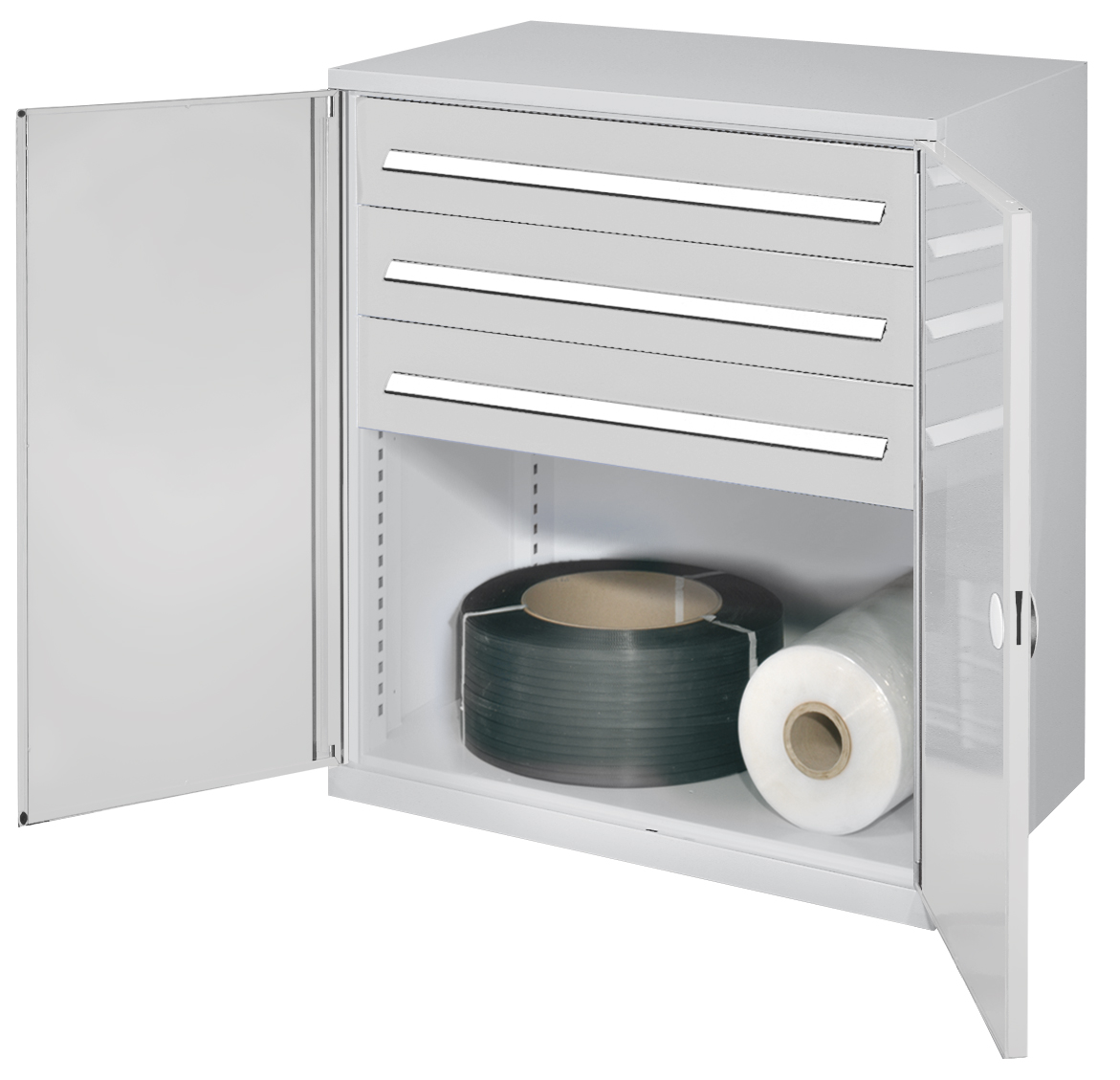 Schwerlast-Beistellschrank Modell 67 1110 x 1000 x 600 mm RAL 7035. Doppelwandtüren 3 Schublade H 175 mm.