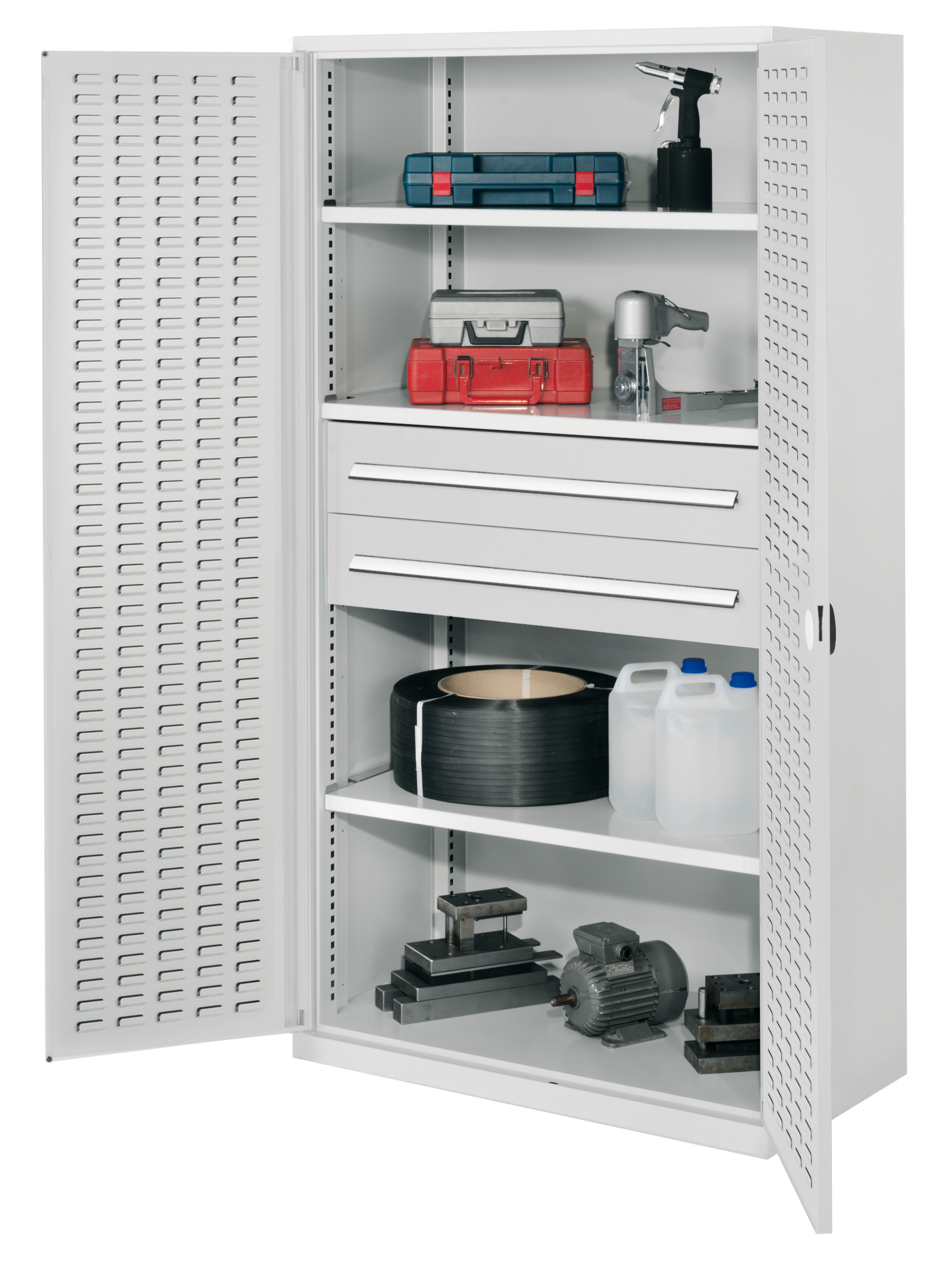 Schwerlastschrank ohne Mitteltrennwand 1950 x 1000 x 600 mm Mod 42 RAL 7035. Türinnenseite: ®RasterPlan Schlitzplatten- 3 Fachboden verzinkt 2 Schubladen 175 mm.