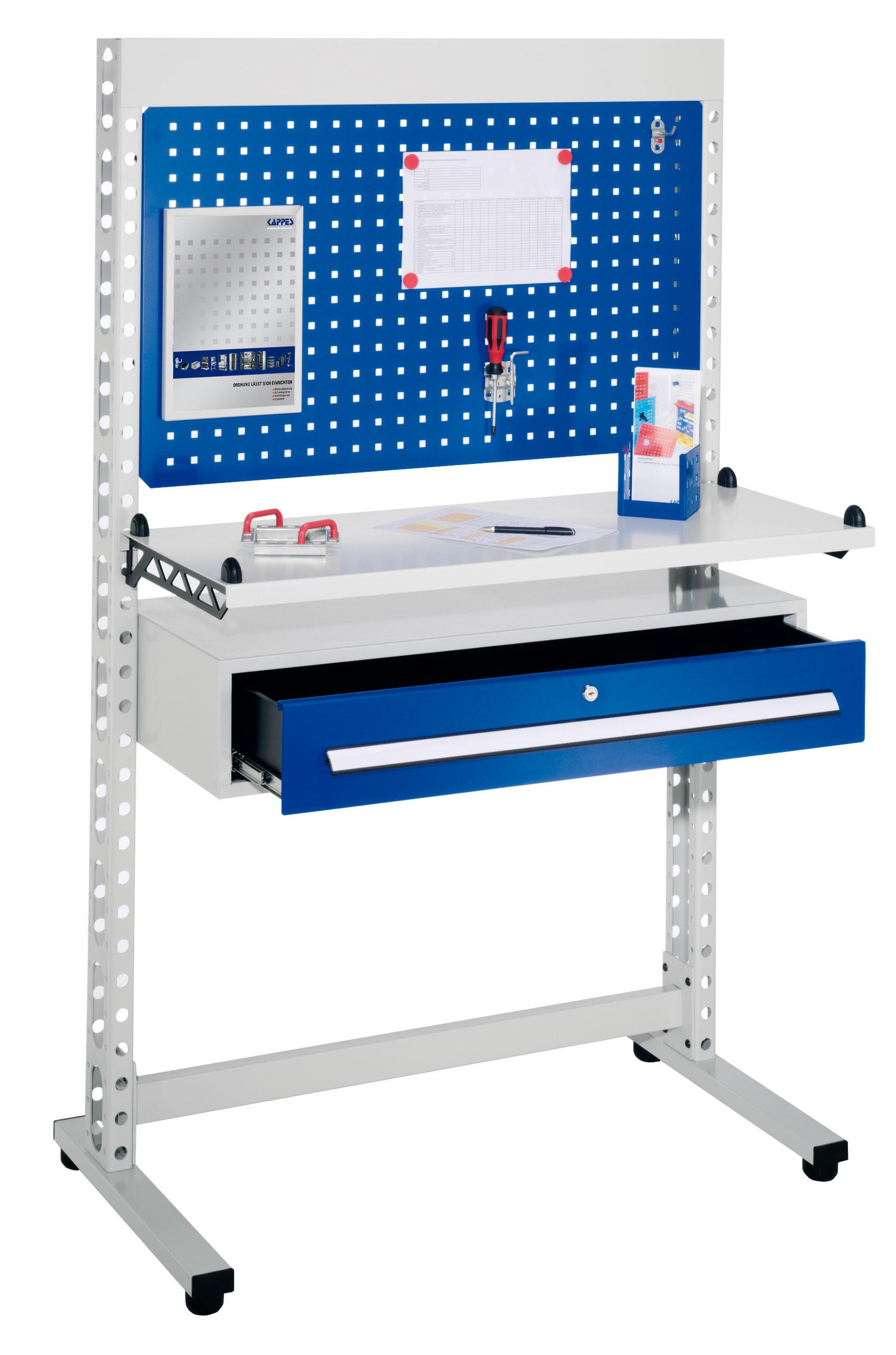 ErgoPlus Steharbeitsplatz RAL 7035 /5010 H1770 x B1070mm. ausgestattet mit 1 Schublade 200 x B 970 x T 400 mm inkl. Bestückung mit 4 Bodenausgleichsfüßen.