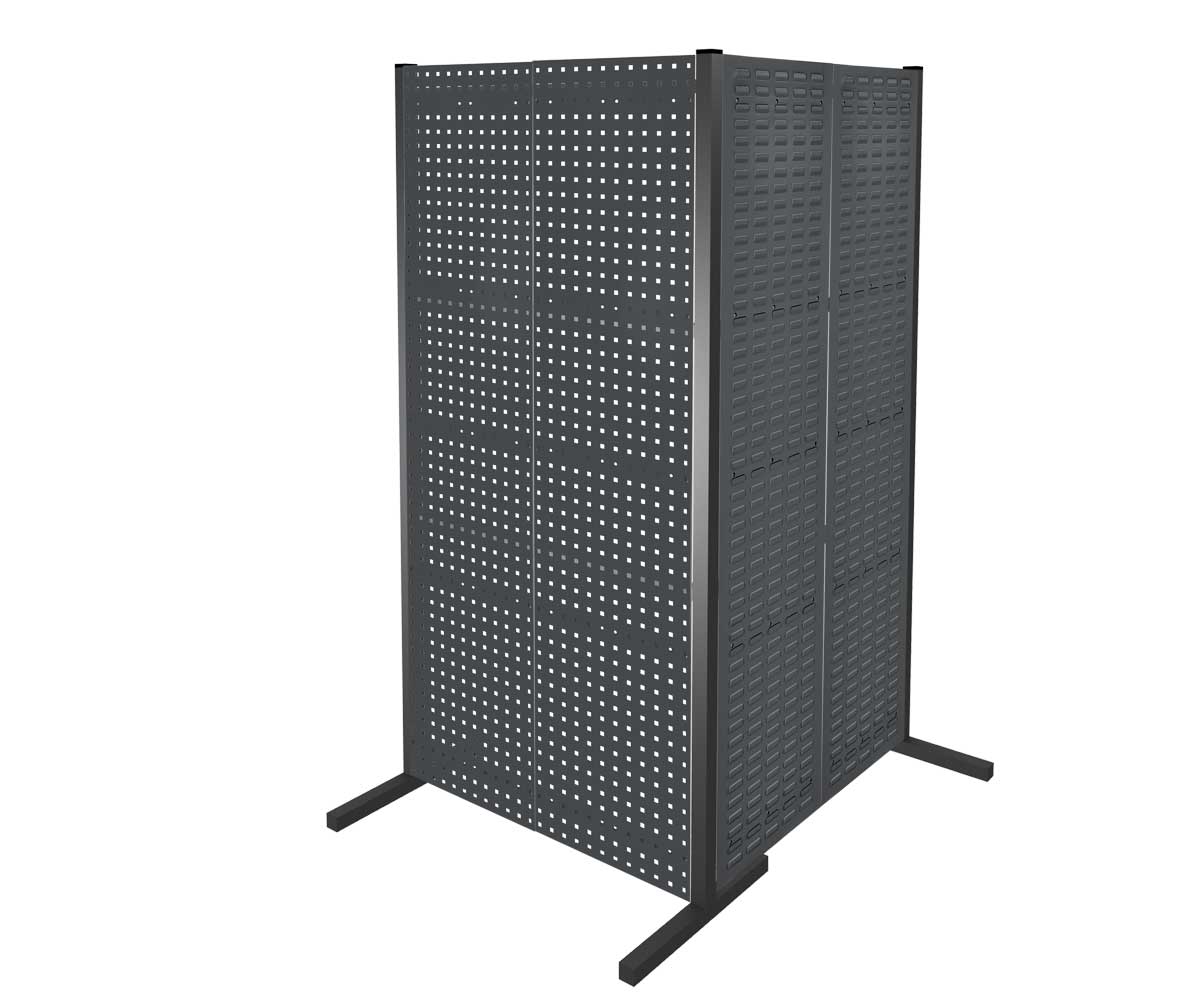 ®RasterPlan Trennwand Doppelfeld 90° 1000 / 1000 mm H2000 mm RAL 7016. Mit 2 ®RasterPlan Lochplatten 2 ®RasterPlan Schlitzplatten.