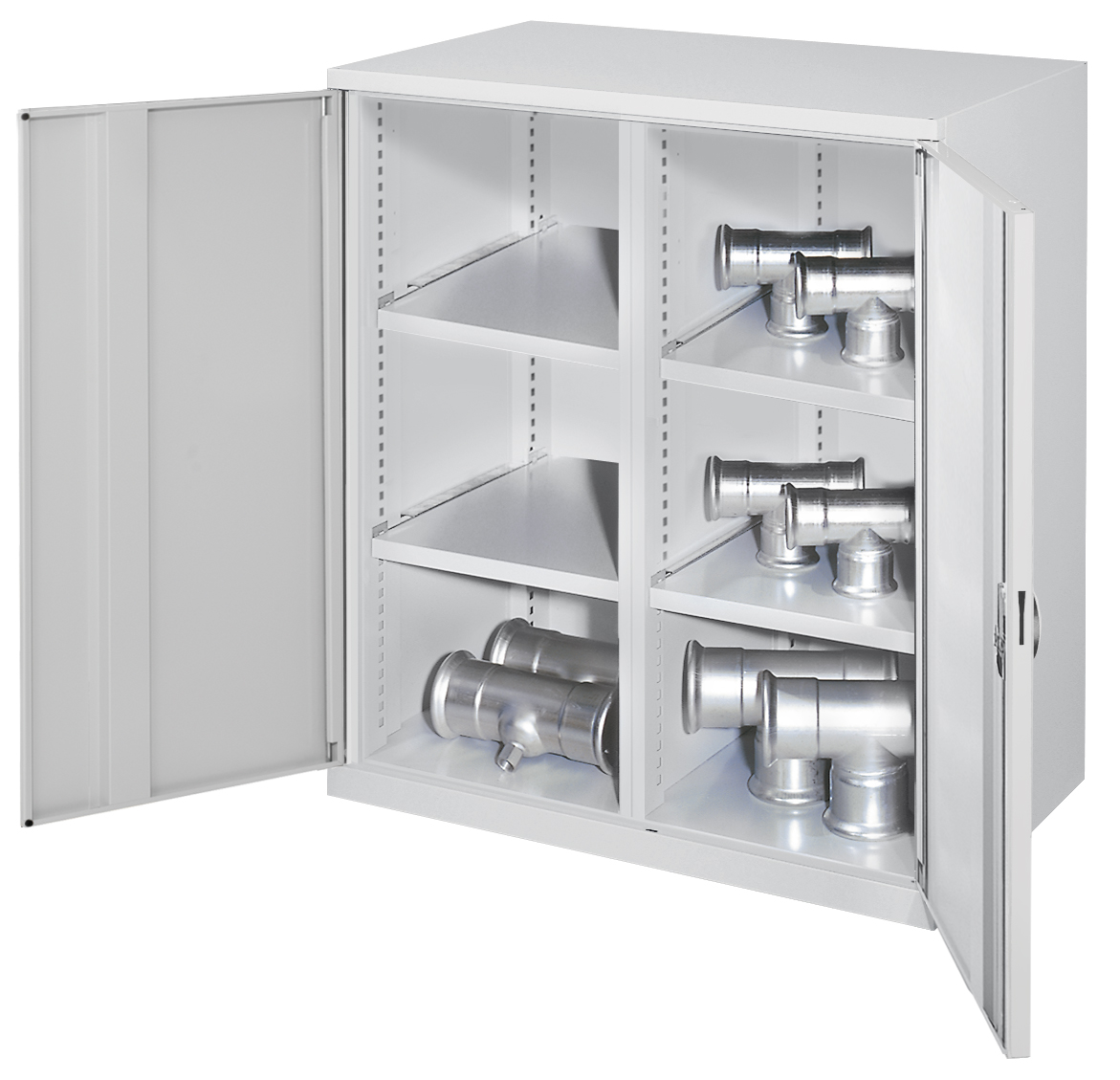 Schwerlast-Beistellschrank Modell 75 1110 x 1000 x 600 mm RAL 7035. Mit Mitteltrennwand Vollblechtüren 2 Fachböden links 2 Fachböden rechts