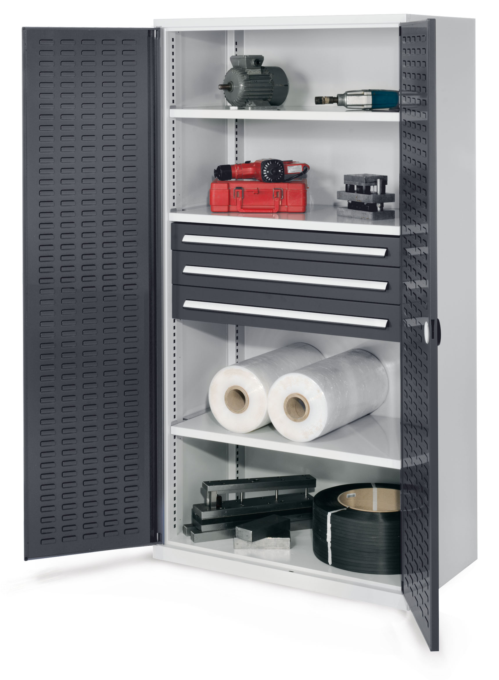 Schwerlastschrank ohne Mitteltrennwand 1950 x 1000 x 600 mm Mod 43 RAL 7035/7016. Türinnenseite: ®RasterPlan Schlitzplatte 3 Fachböden 1 Schublade H 100 mm 2 Schubladen H 125 mm,