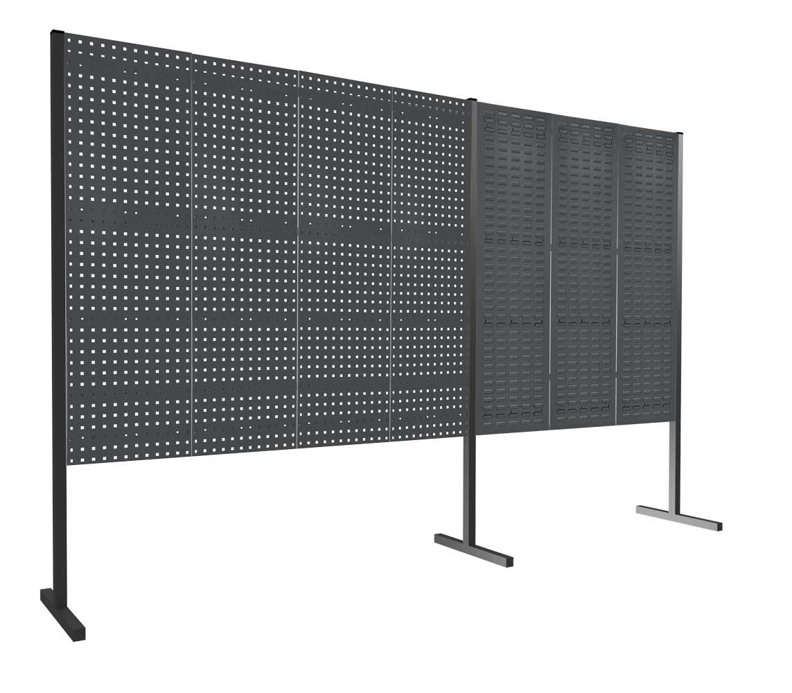 ®RasterPlan Trennwand Doppelfeld 180° 1500 / 2000 mm H1500 mm RAL 7016. Mit 4 ®RasterPlan Lochplatten 3 ®RasterPlan Schlitzplatten.