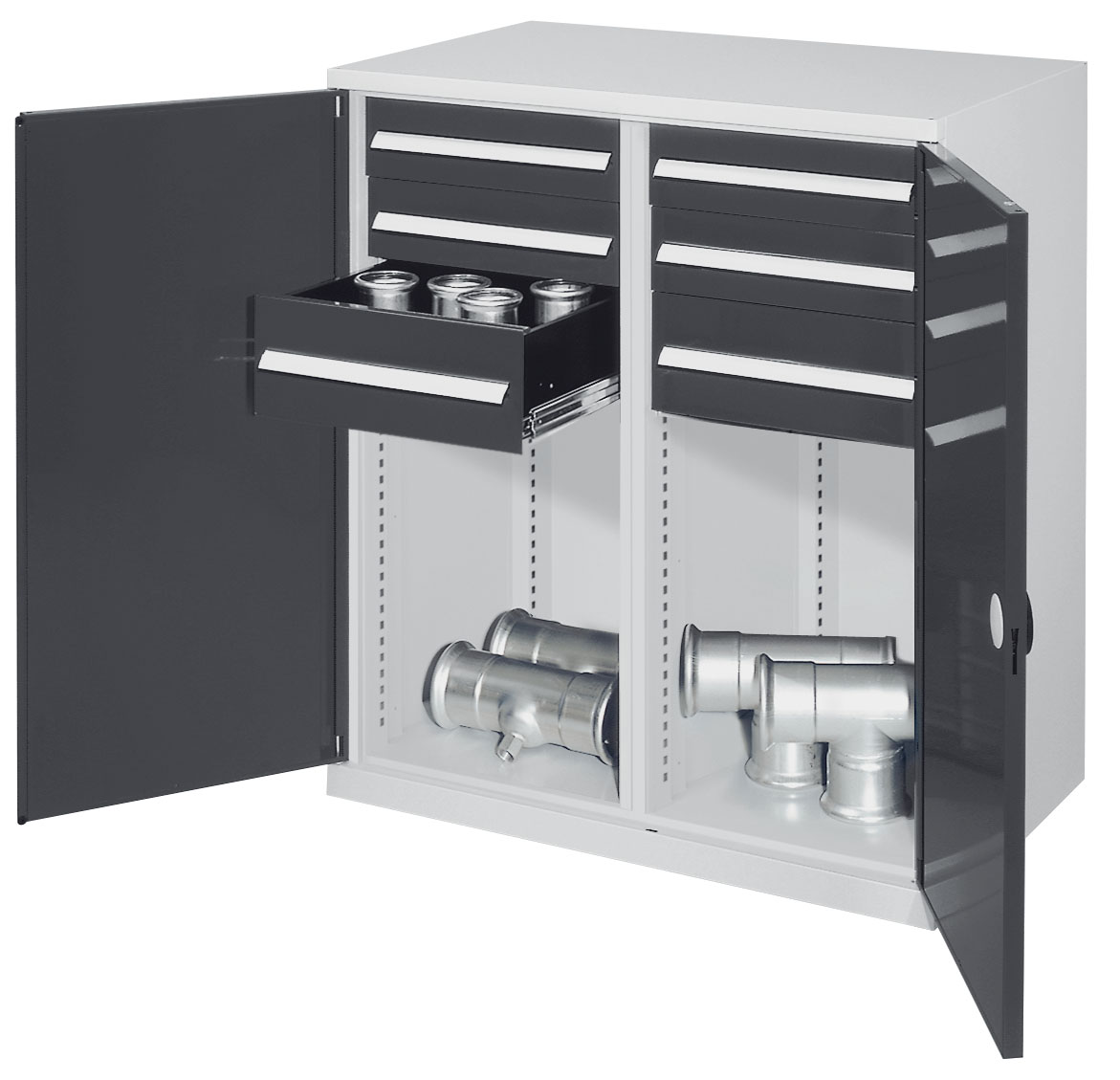 Schwerlast-Beistellschrank Modell 74 1110 x 1000 x 600 mm RAL 7035/7016. Mit Mitteltrennwand Vollblechtüren 4 Schubladen H 125 mm 2 Schubladen H 175 mm.
