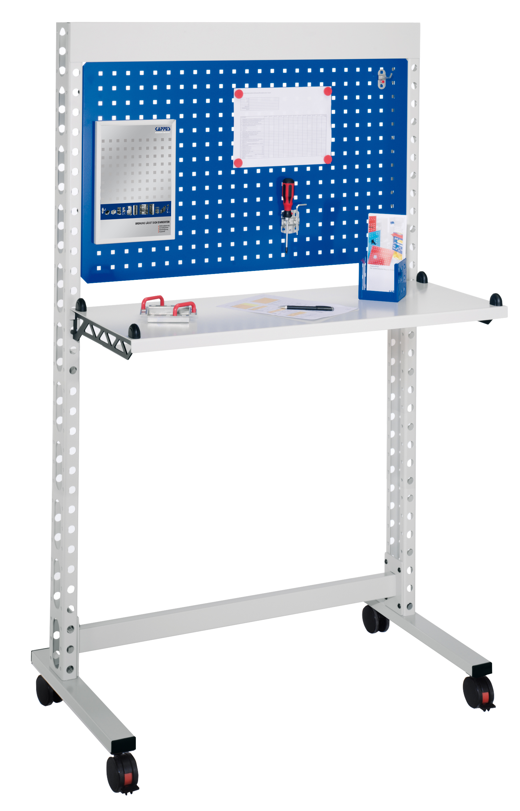ErgoPlus Steharbeitsplatz RAL 7035 /5010 H1770 x B 1070 mm. Modell 5 mit 4 Lenkrollen davon 2 mit Feststeller.