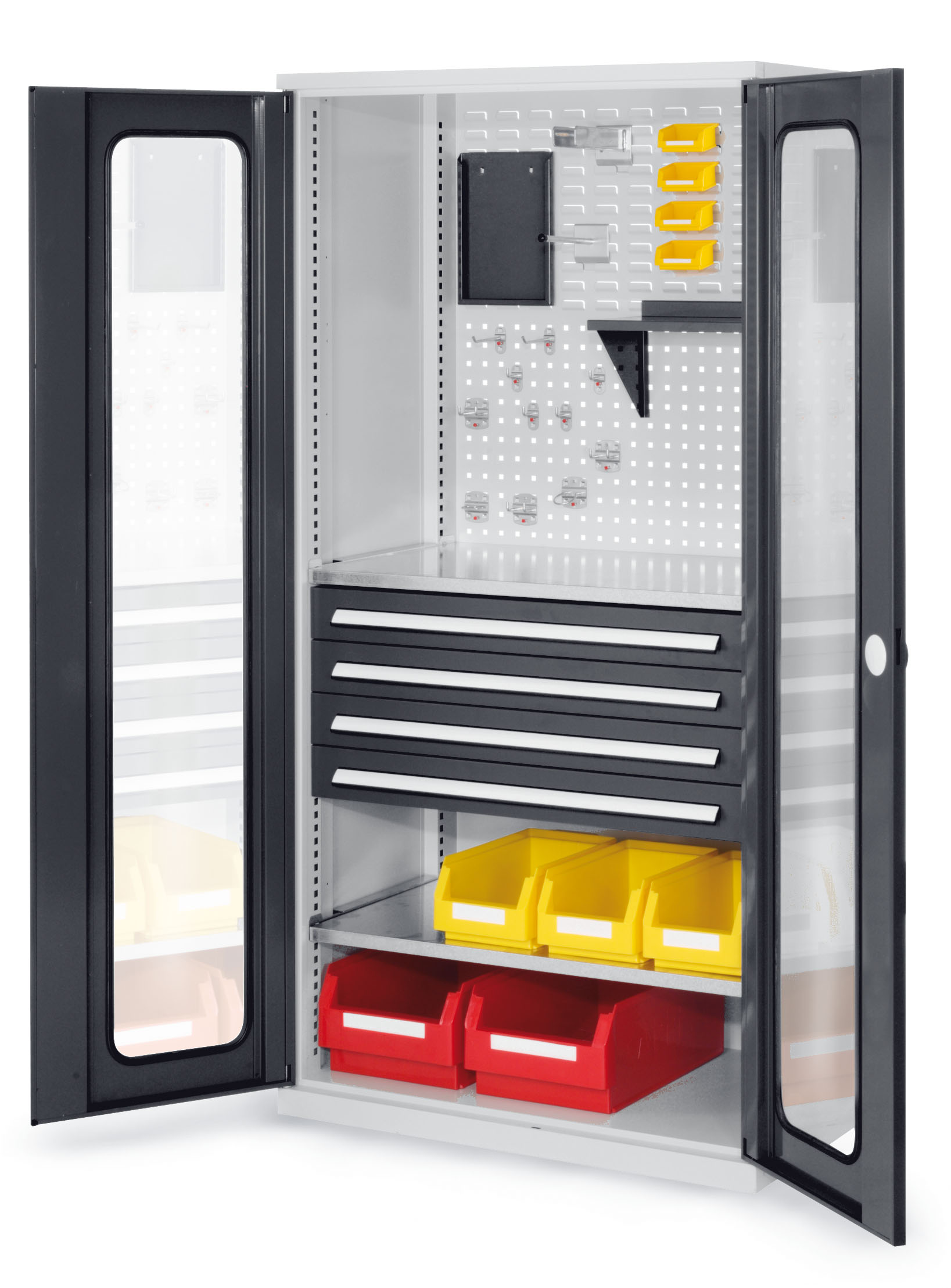 ®RasterPlan Schubladenschrank Modell 33 RAL 7035/7016. Sichtfenstertüren 1950 x 1000 x 600 mm mm 4 Schubladen H 100 mm mm 2 Fachböden verzinkt.