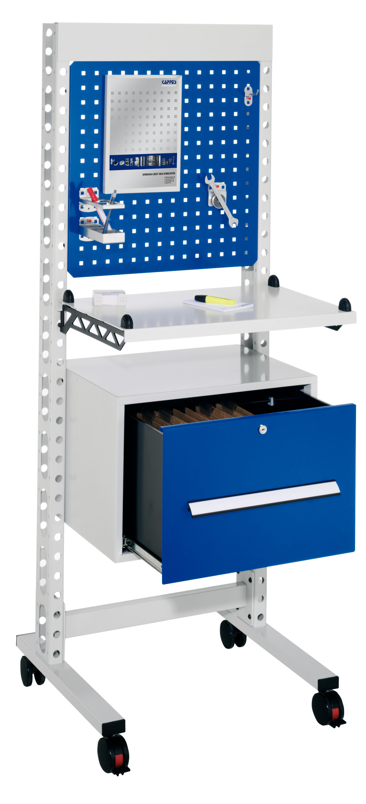 ErgoPlus Steharbeitsplatz RAL 7035 /5010, H1770 x B 670 mm. Modell 2 inklusiv 1 Schubladen 400 x B 570 x T 400 für Hängemappen ausgestattet mit 4 Lenkrollen davon 2 mit Feststeller.