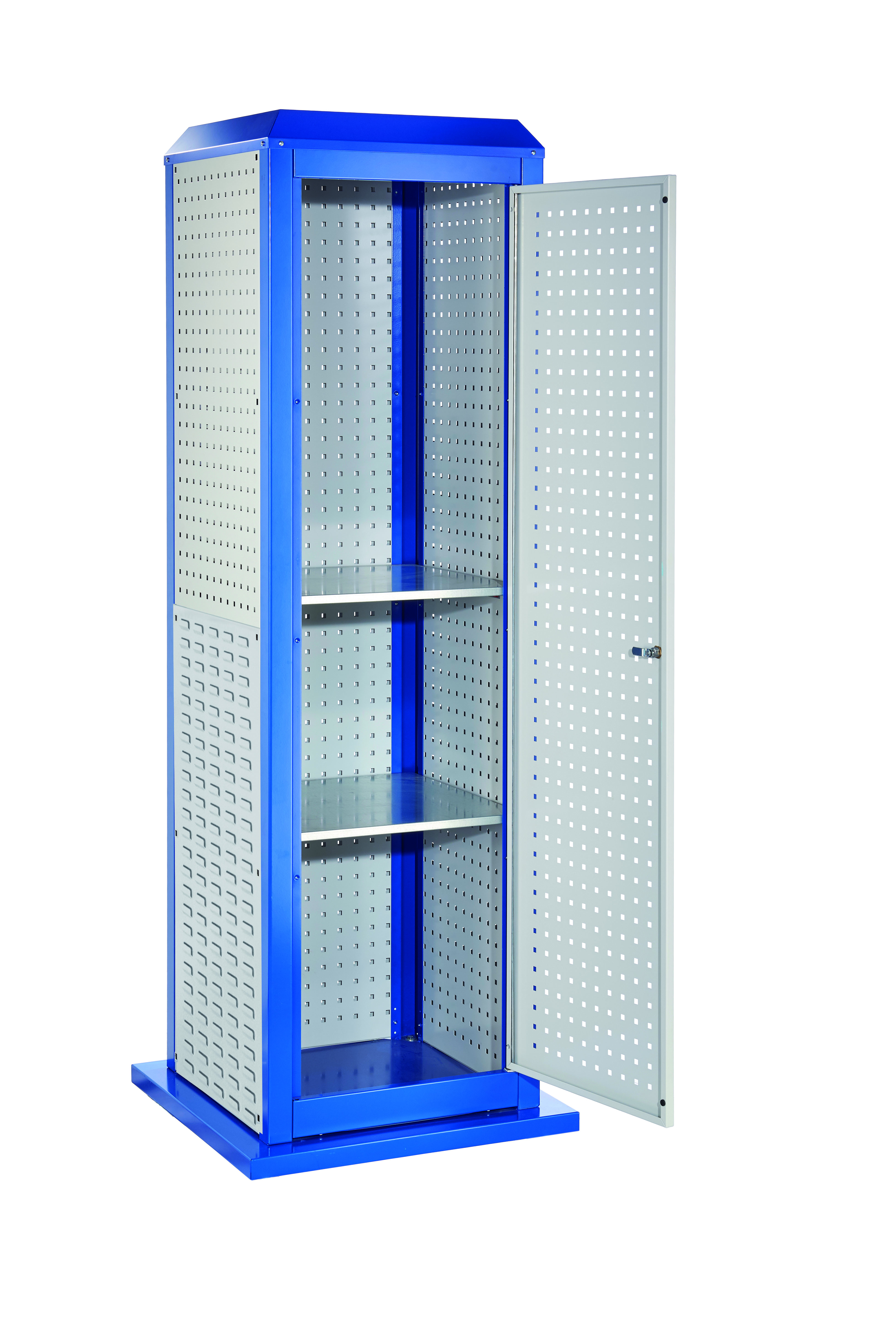 ®RasterPlan ToolTower groß Mod 36 stationär RAL 7035/5010. 2 LP außen groß 1 LP außen klein 1 SP außen klein 1 LP Tür 2 Fachböden.