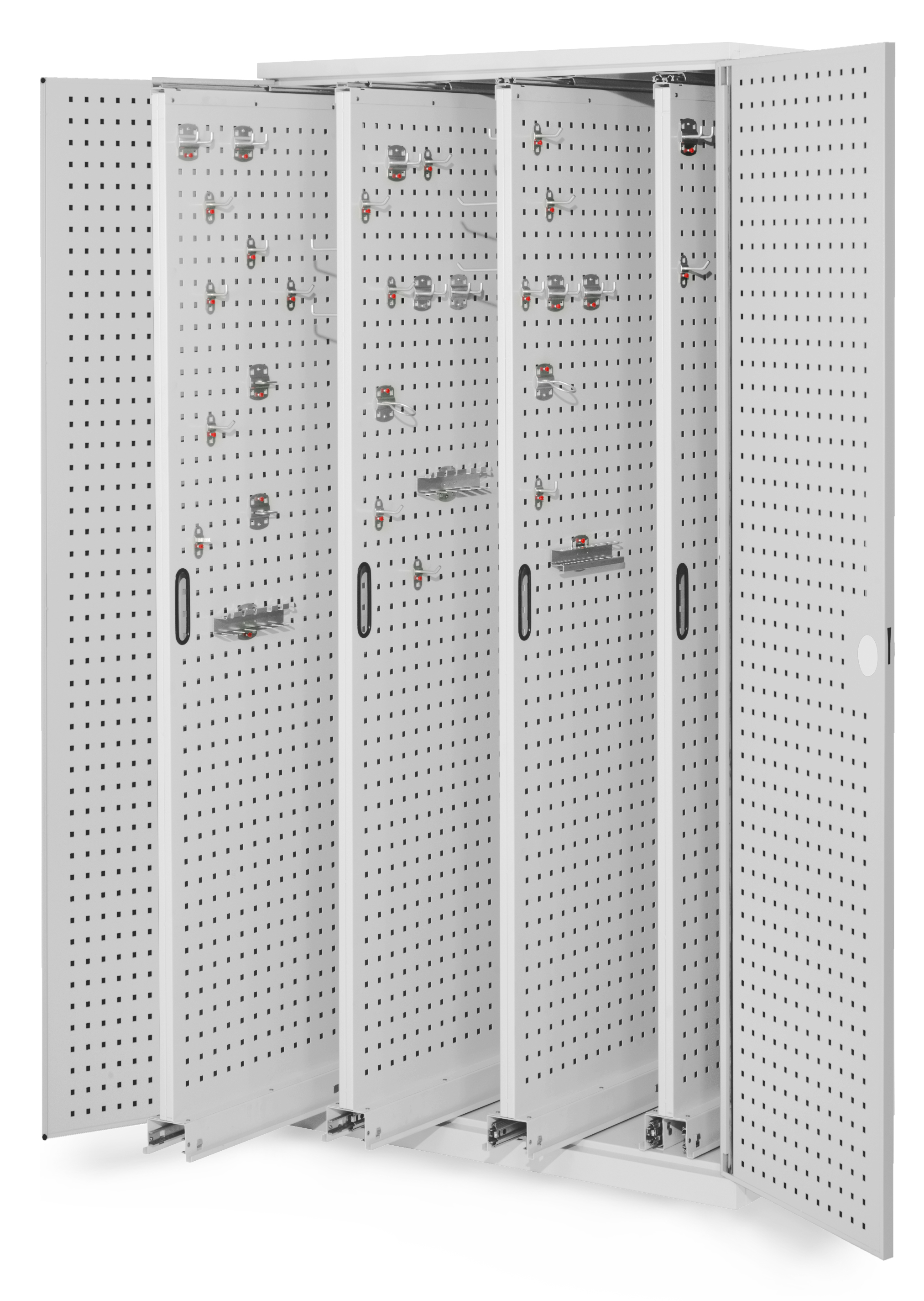 ®RasterPlan Vertikalschrank Modell 83 1950 x 1000 x 600 mm RAL 7035. Türinnenseite: ®RasterPlan Lochplatten. 4 Auszüge Lochplatten.