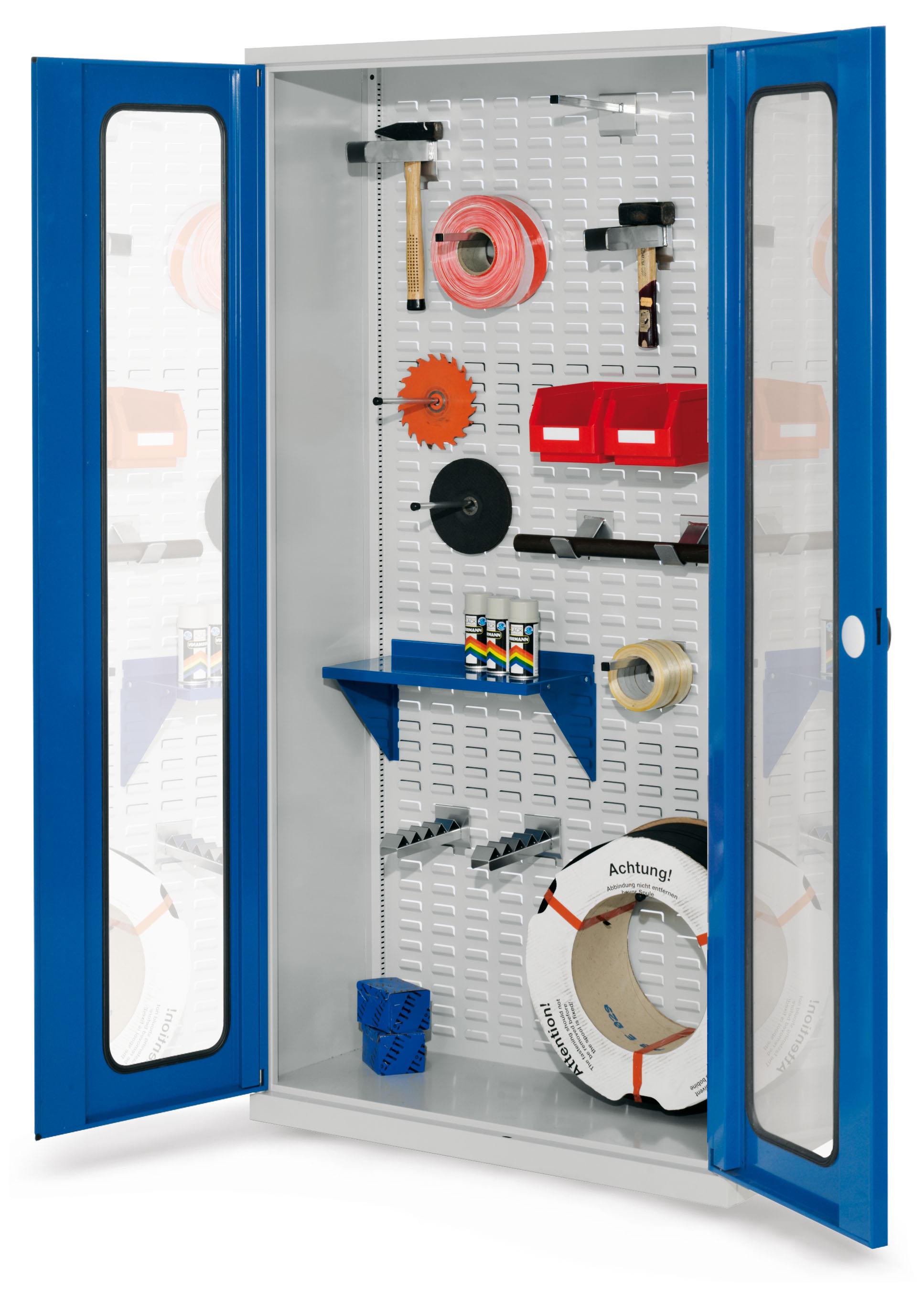 ®RasterPlan Werkstückschrank mit Schlitzplattenrückwand RAL7035 / 5010. Sichtfenstertür H 1950 x B 1000 x T 410 mm.