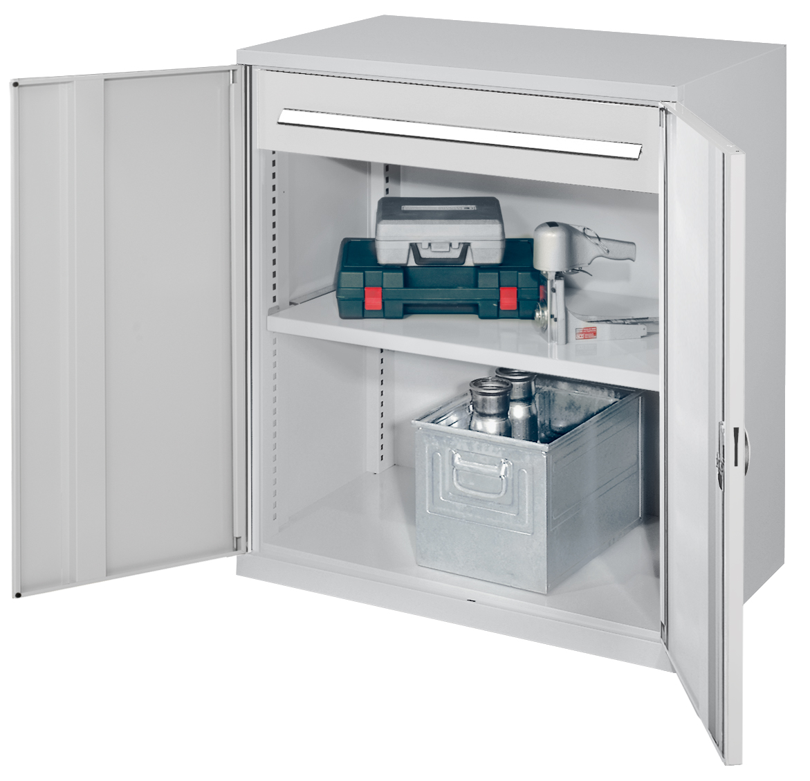 Schwerlast-Beistellschrank Modell 66 1110 x 1000 x 600 mm RAL 7035. Vollblechtüren 1 Fachboden 1 Schublade 175 mm.