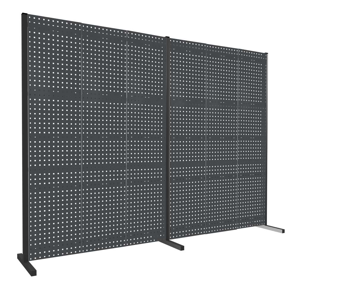 ®RasterPlan Trennwand Doppelfeld 180° L1500 / 1500 mm H2000 mm RAL 7016. Mit 6 ®RasterPlan Lochplatten.