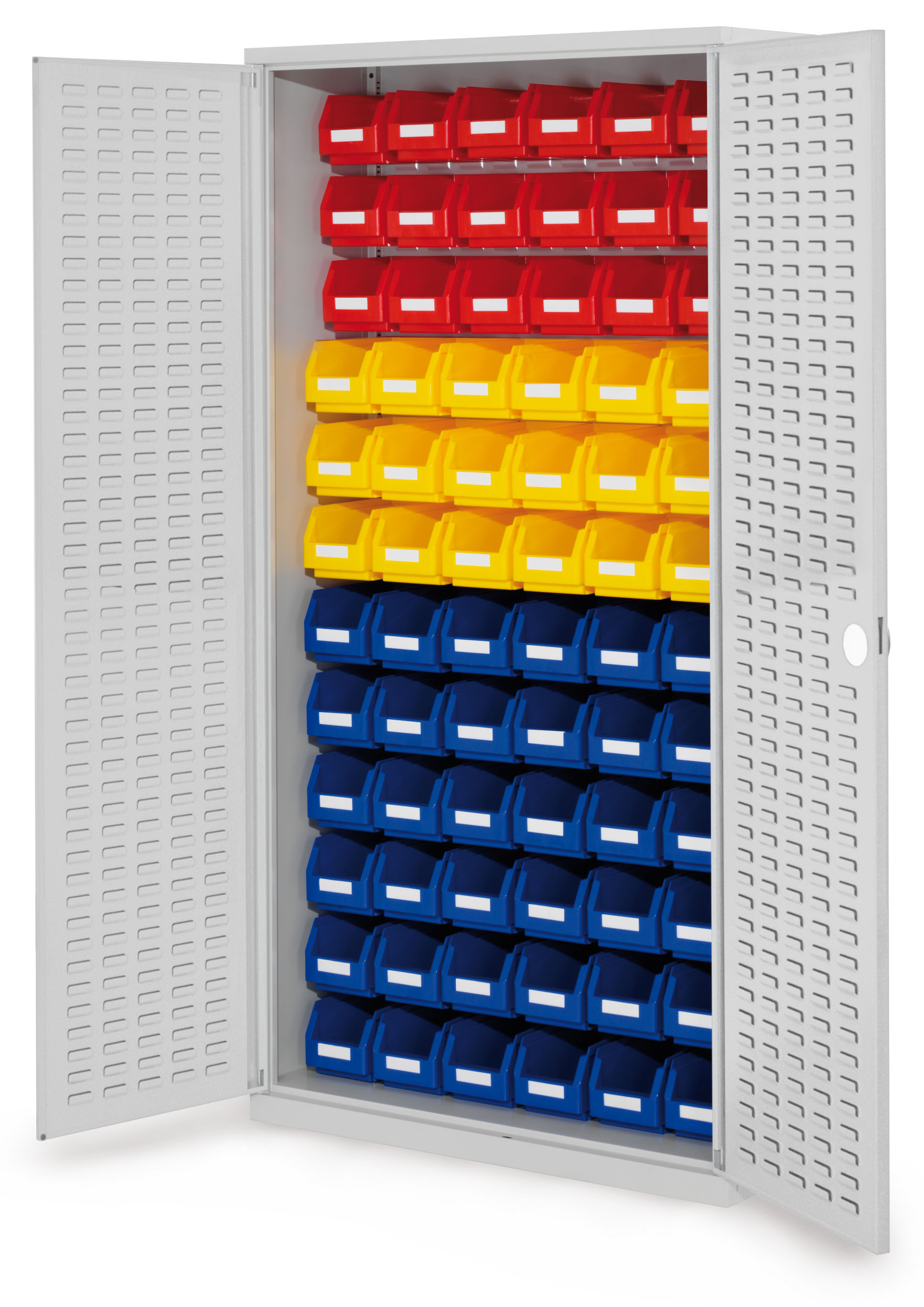 ®RasterPlan Schlitzplattenschrank H1950 x B 1000 x T 410 mm RAL 7035 Modell 56 Schlitzplattentüren bestückt mit Lagersichtkasten 54 x Größe 5 18 x Größe 6.