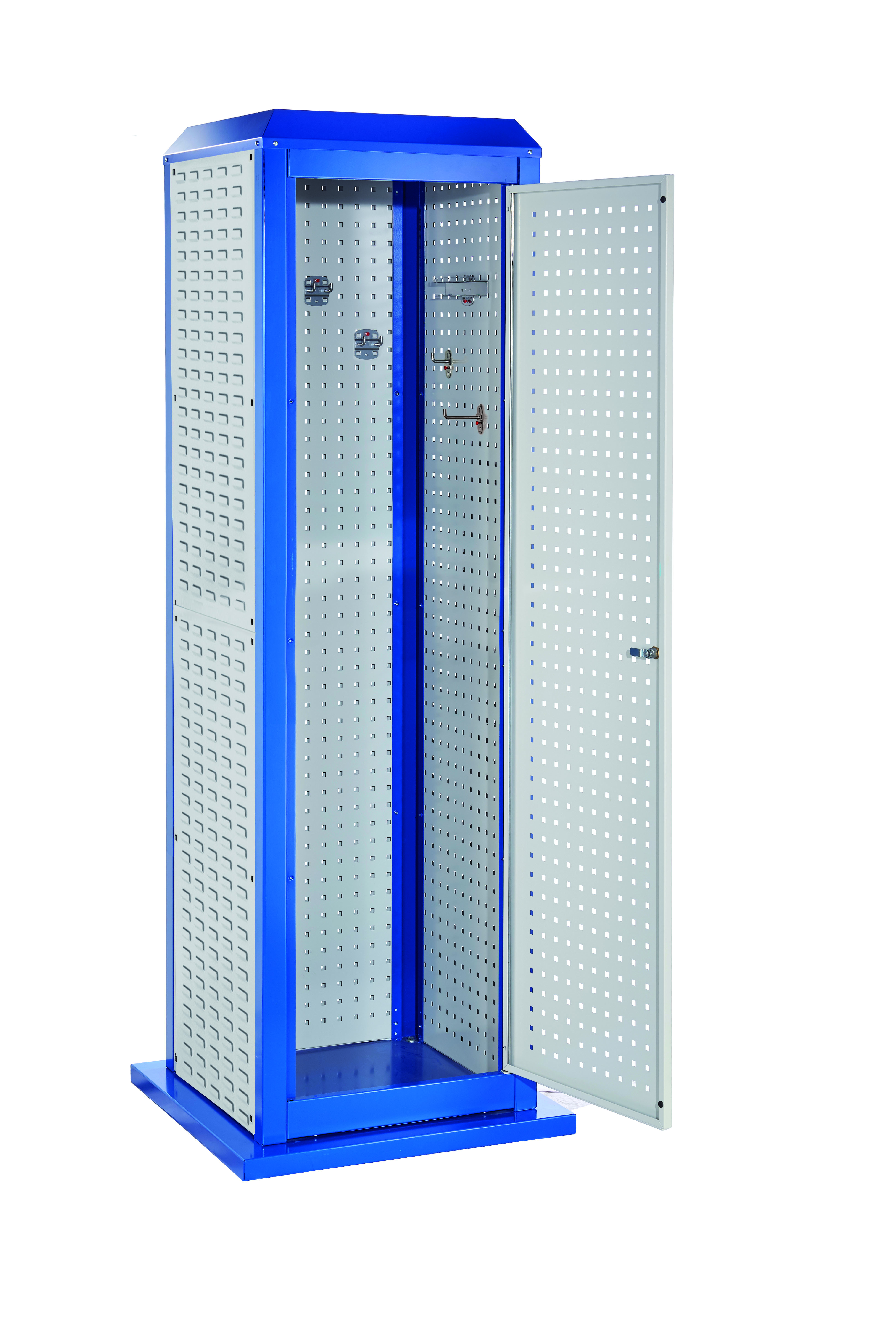 ®RasterPlan ToolTower groß Mod 32 stationär RAL 7035/5010. 2 LP außen groß 2 SP außen klein 1 LP Tür.