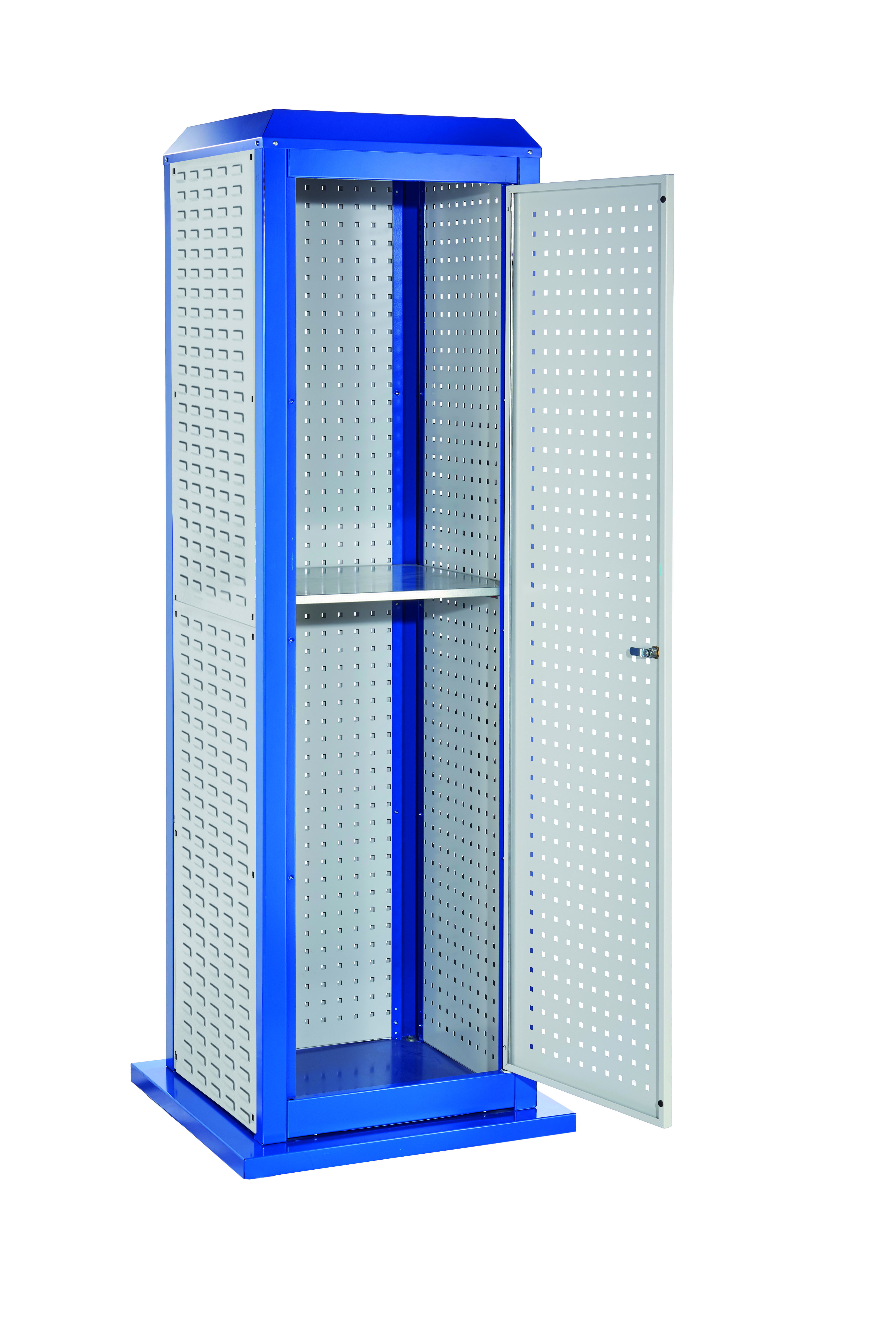 ®RasterPlan ToolTower groß Mod 33 stationär RAL 7035/5010. 2 LP außen groß 1 LP außen klein 1 SP außen klein 1 LP Tür.