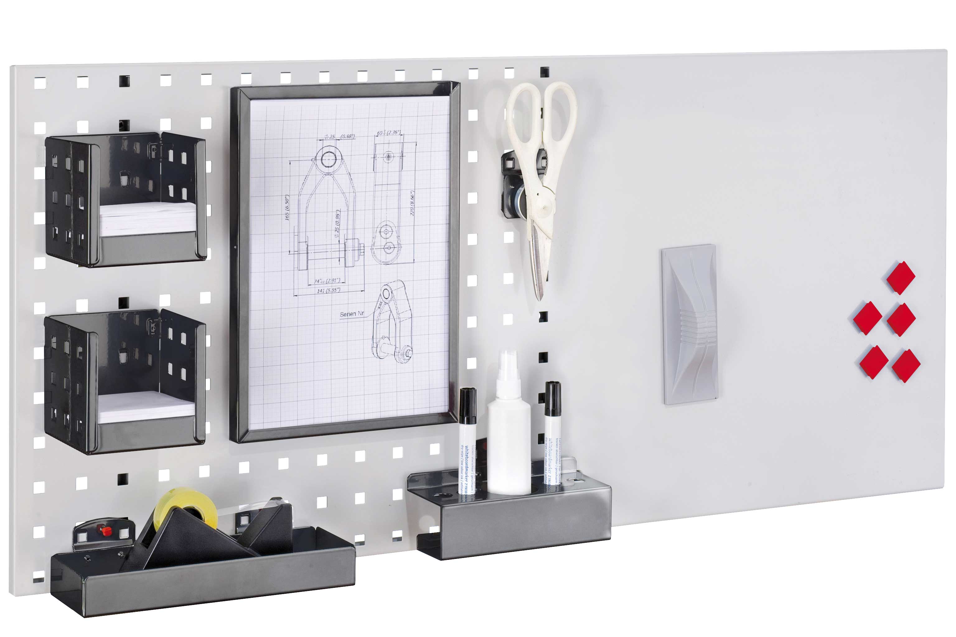 LogoChart Office Set 2 RAL 7035/7016. 1 LogoChart® RAL 7035 1 Formularhalter 2 Zettelbox 1 Magnethalter 1 Ablagebox1 Kombi Stifthalter 5 Magnete 1 Wischer (magnetisch) 1 Reinigungsspray 2 Non-Permanent-Stifte (schwarz).